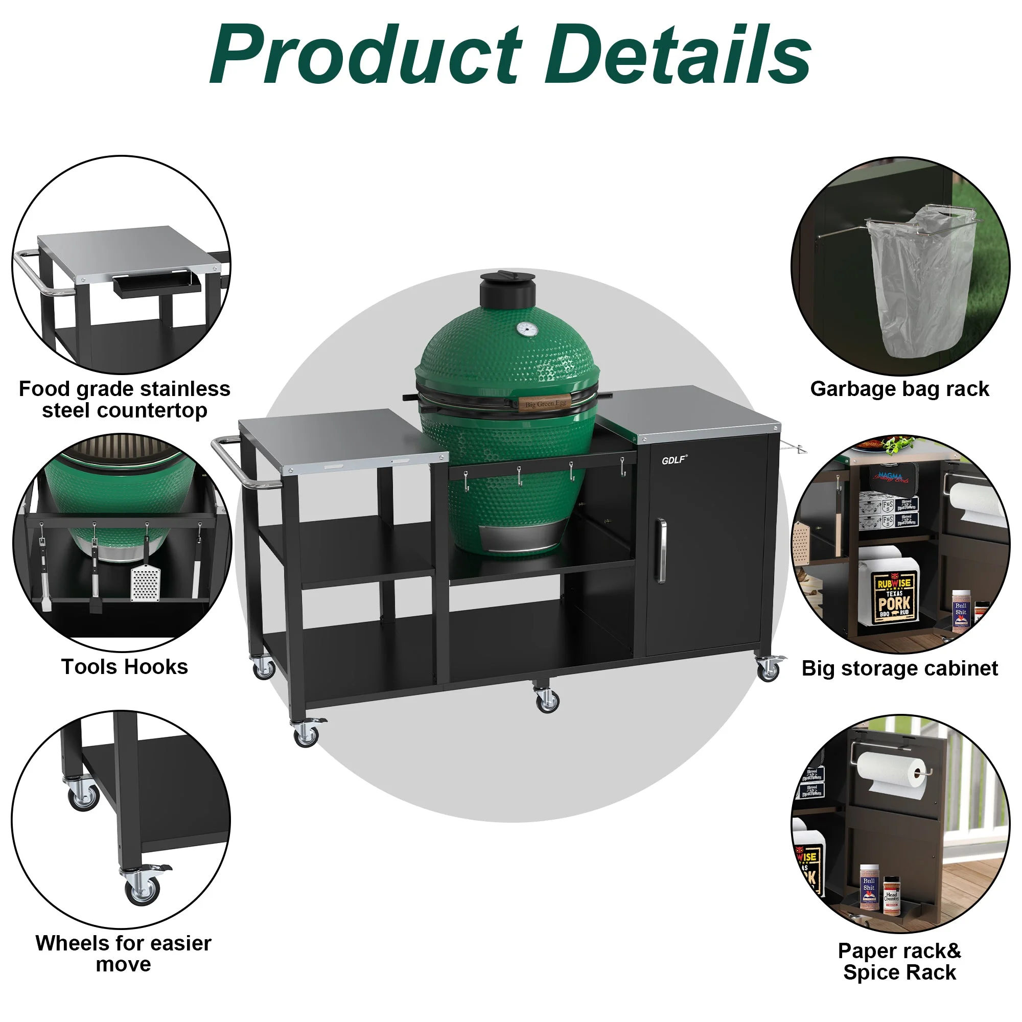 GDLF Table Compatible with Big Green Egg Grill Heavy Duty Metal Green Egg Stand with Accessories Storage