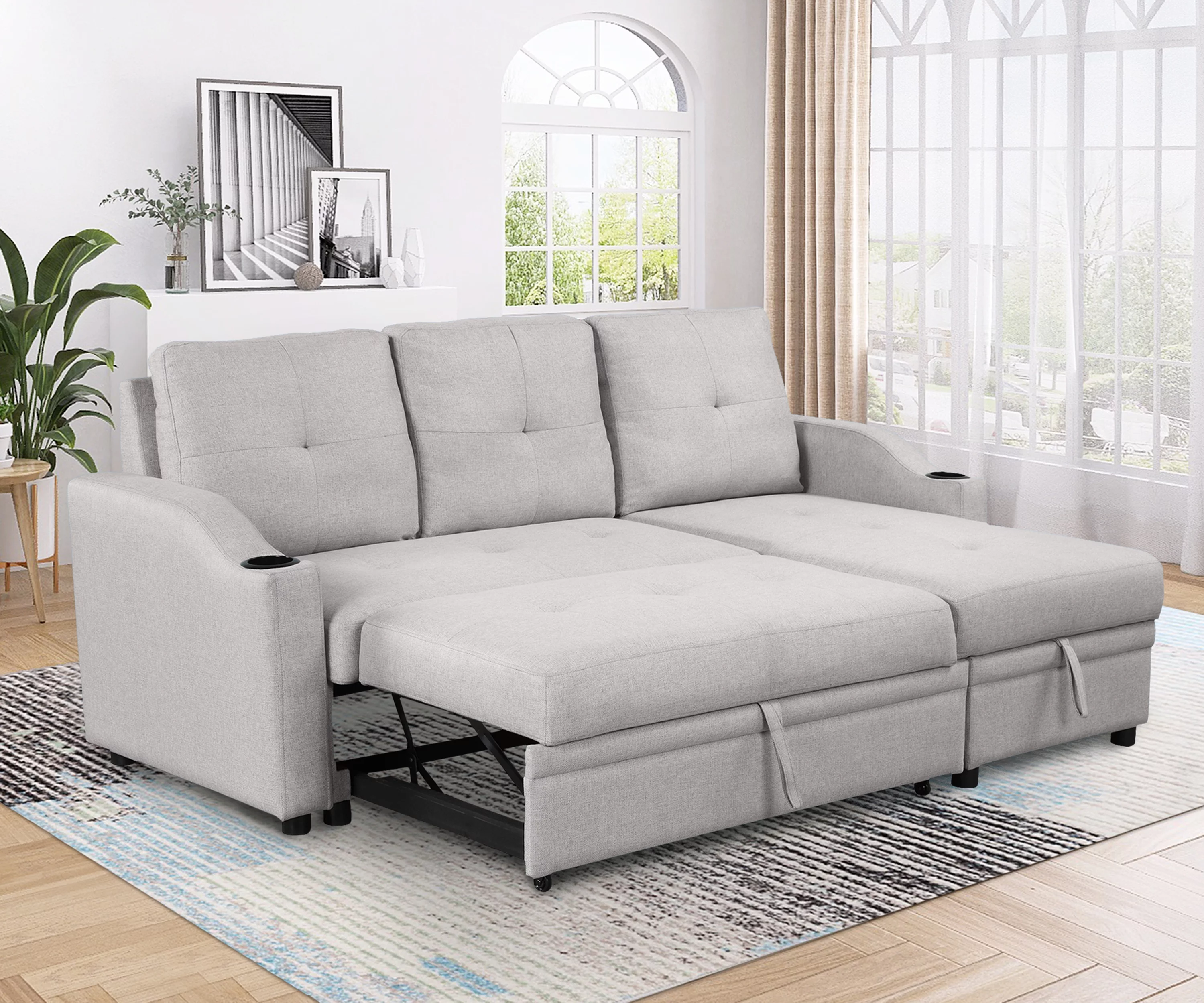 Euroco 80" Pull Out Sofa Bed L Shape Sofa with Storage Chaise and Cup Holder, Linen Fabric 3 Seater Couch, Gray
