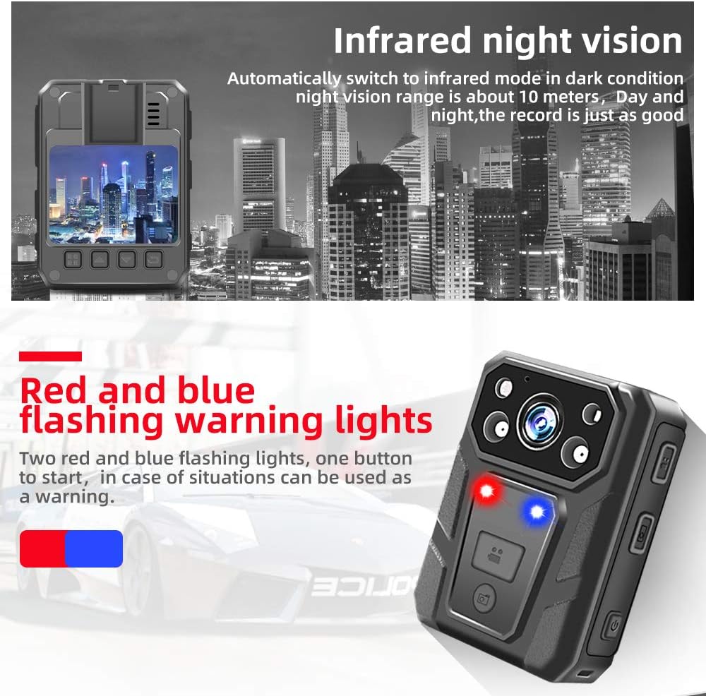 CAMMHD 1296P HD Police Body Camera with 2 Inch Display, Waterproof Body-Worn Camera, Wearable Camera, Portable HD Body Camera, IR Night Vision, Built-in Battery, 64GB Memory