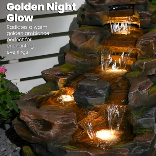37" L Garden Outdoor Water Fountain, Floor Standing 5-Tiers Rock Natural Waterfall Outdoor Fountains with LED Lights for Patio, Porch, Home Art Decor