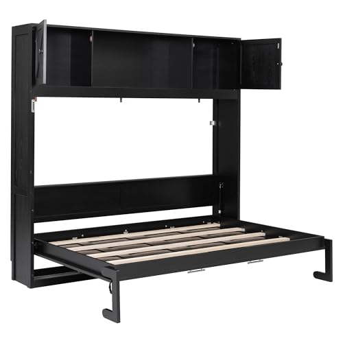 SOFTSEA Full Horizontal Murphy Bed with Shelves, Farmhouse Murphy Wall Bed with Storage Bookcase for Small Spaces, Living Room, Guest Room, Bedroom, Home Office, Black