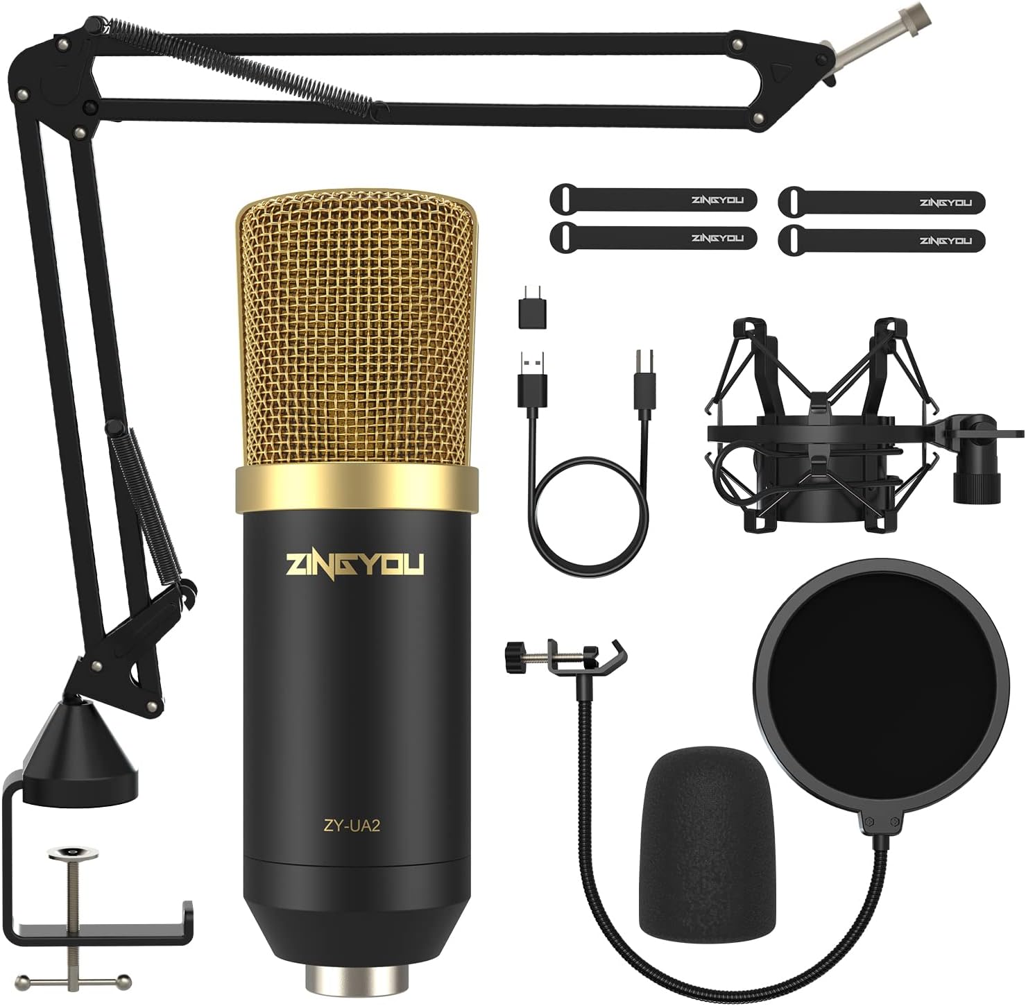USB Condenser Microphone, ZINGYOU 96KHz/24Bit Cardioid Computer Mic Kit for PC Recording, Gaming, Live Streaming, Voice Over, YouTube, Twitch, with Upgraded Boom Arm, ZY-UA2 (Gold) Pack of 2