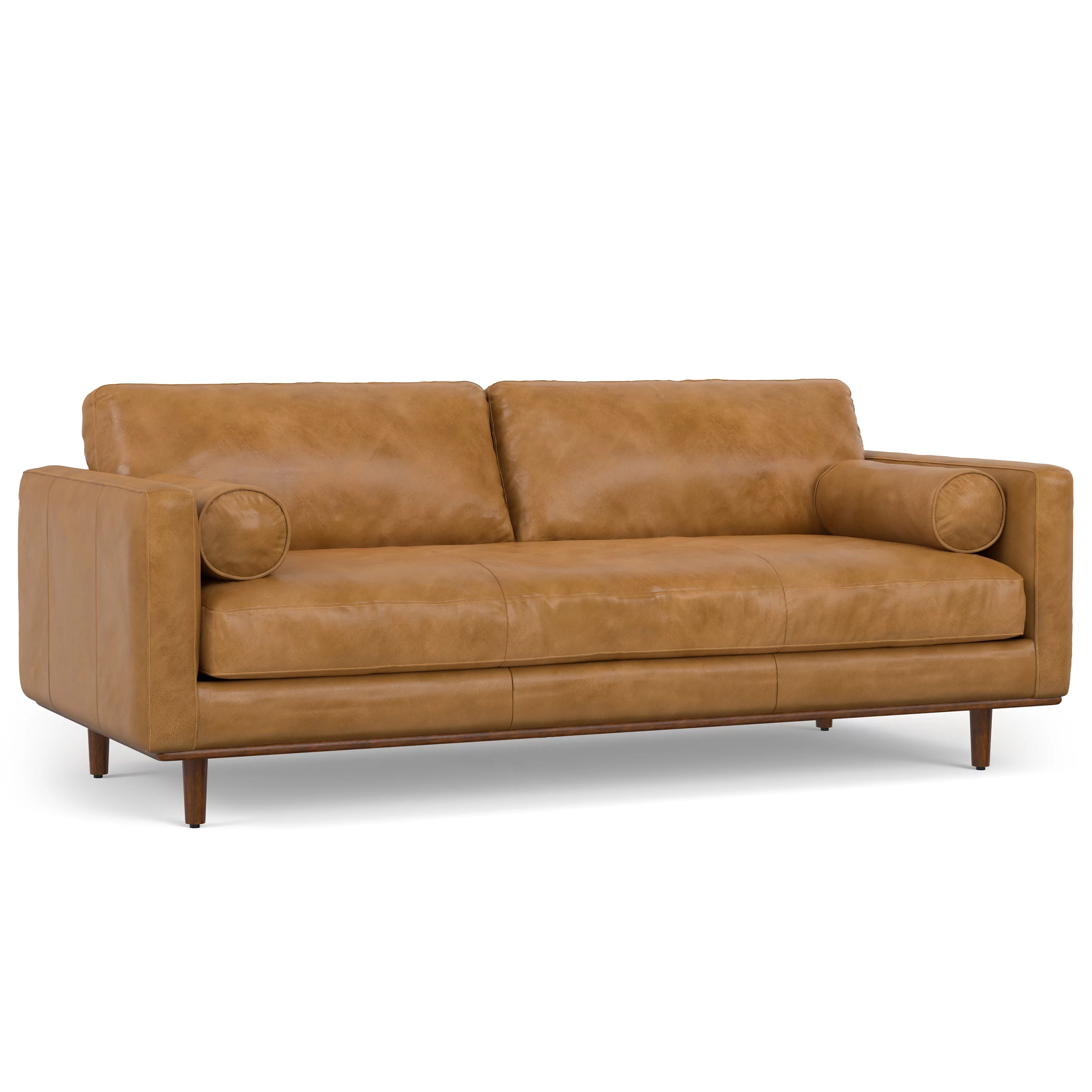 Simpli Home Morrison Mid-Century Modern 89 inch Wide Sofa in Sienna Genuine Leather