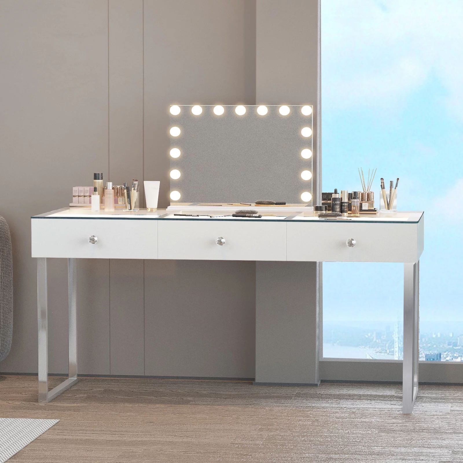 VANITII 3-Drawer Modern Makeup Vanity Table LED Light Charging Port Stainless Glass Vanity Desk