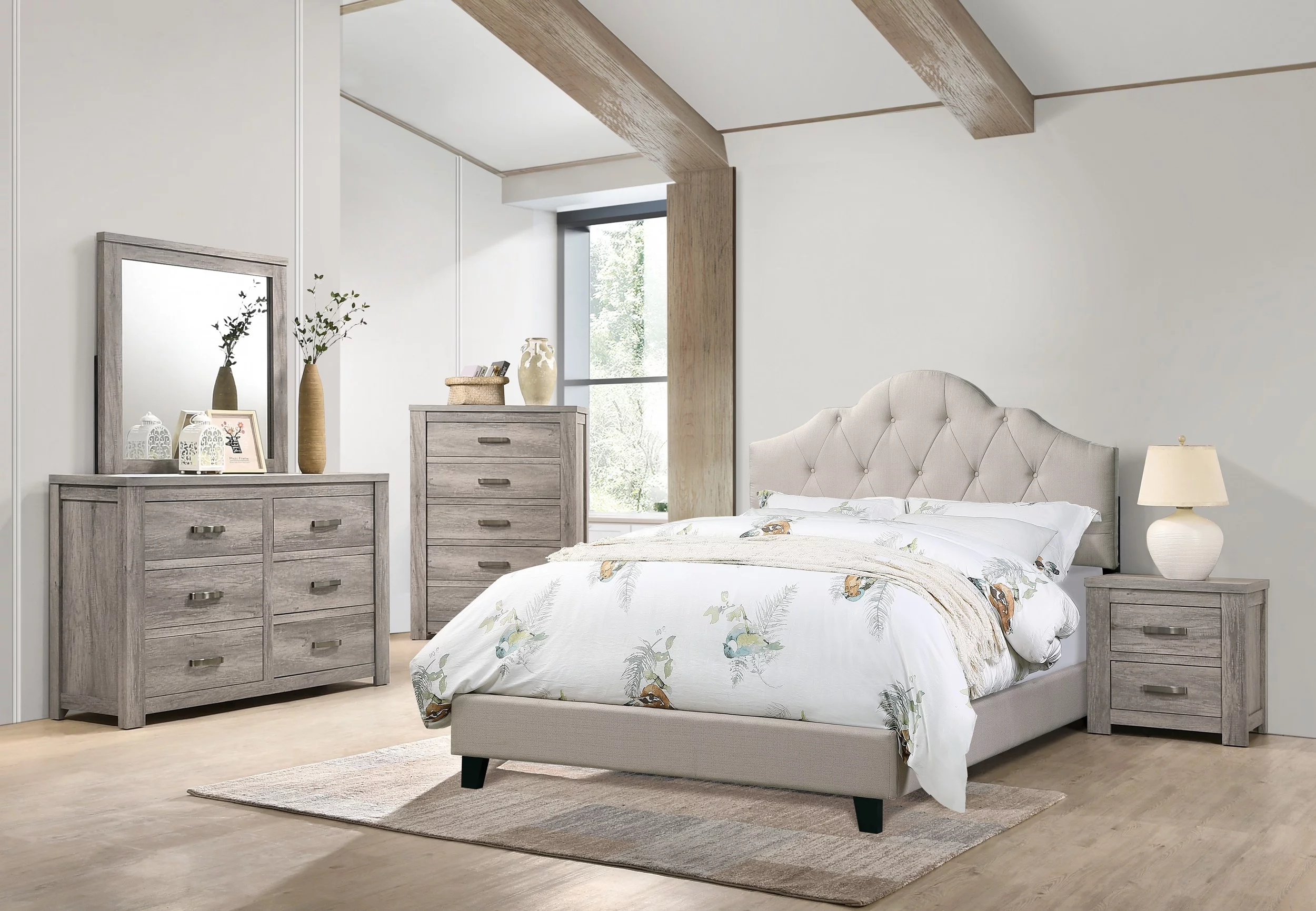 Majestic Modern Full Size Bed Dresser Mirror Nightstand 4pc Set Beige Polyfiber Bedroom Bed