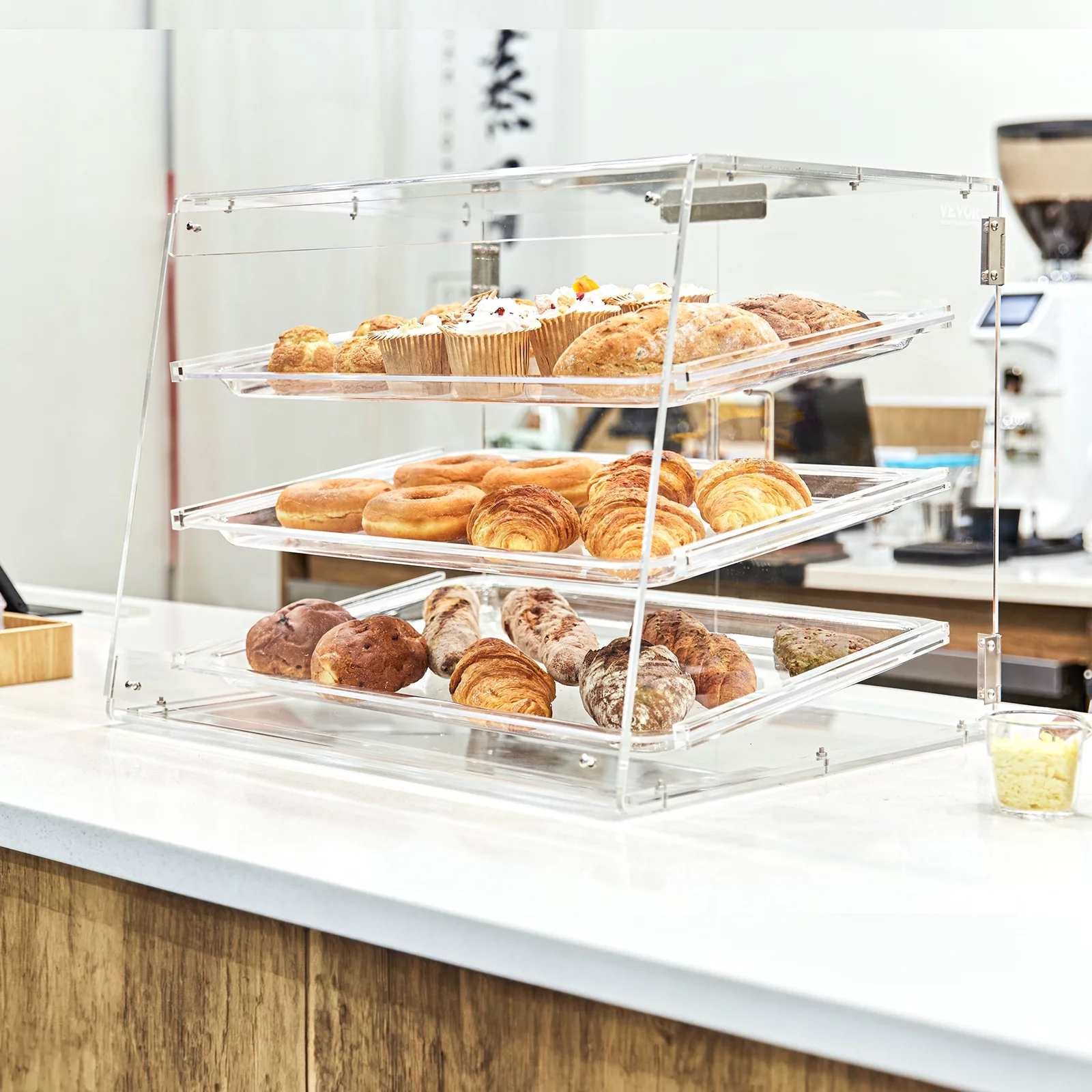 BENTISM 3-Tier Acrylic Bakery Display Case Countertop Donut Pastry Case Rear Door