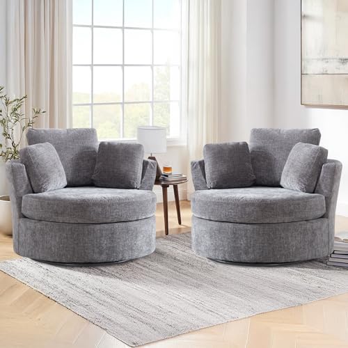 Chair and A Half with Ottoman, 360° Swivel Accent Barrel Chair Modern Comfy Round Reading Sofa Swivel Chairs Circle Lounge Chair for Bedroom Living Room w/4 Pillow Lower Seating Heigh (White, Large)