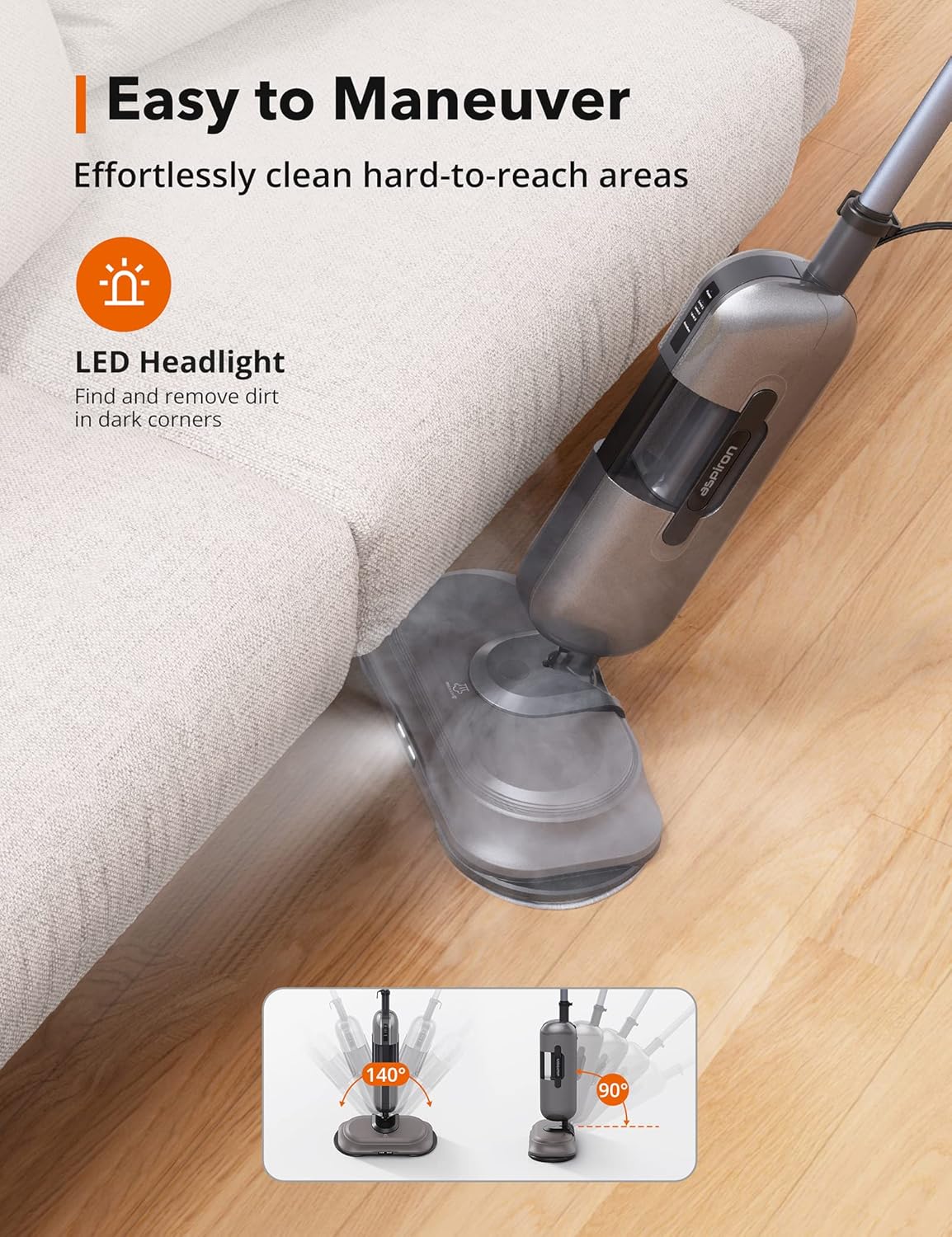 Aspiron Steam Mop Powerful Electric Steam Mops for Floor Cleaning with 410ML Water Tank,3 Steam Levels for Hardwood Floor Tile Laminate Kitchen Living Room Bedroom, Gray, Medium (AS-CA001)