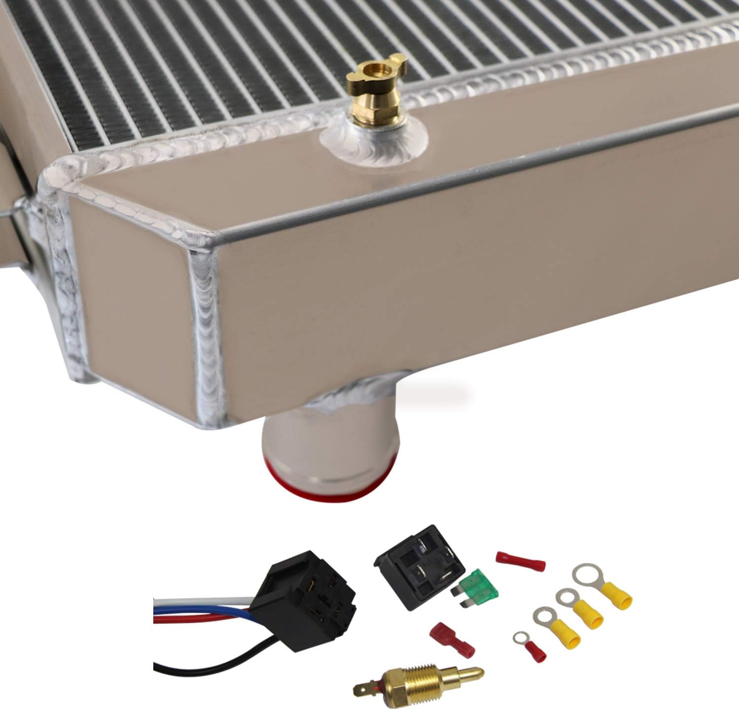 CoolingSnow 4 Row Radiator for Chevy Bel Air Nomad V8 1955 1956 1957 Aluminum Radiators + Shroud fan + Thermostat Relay Kits