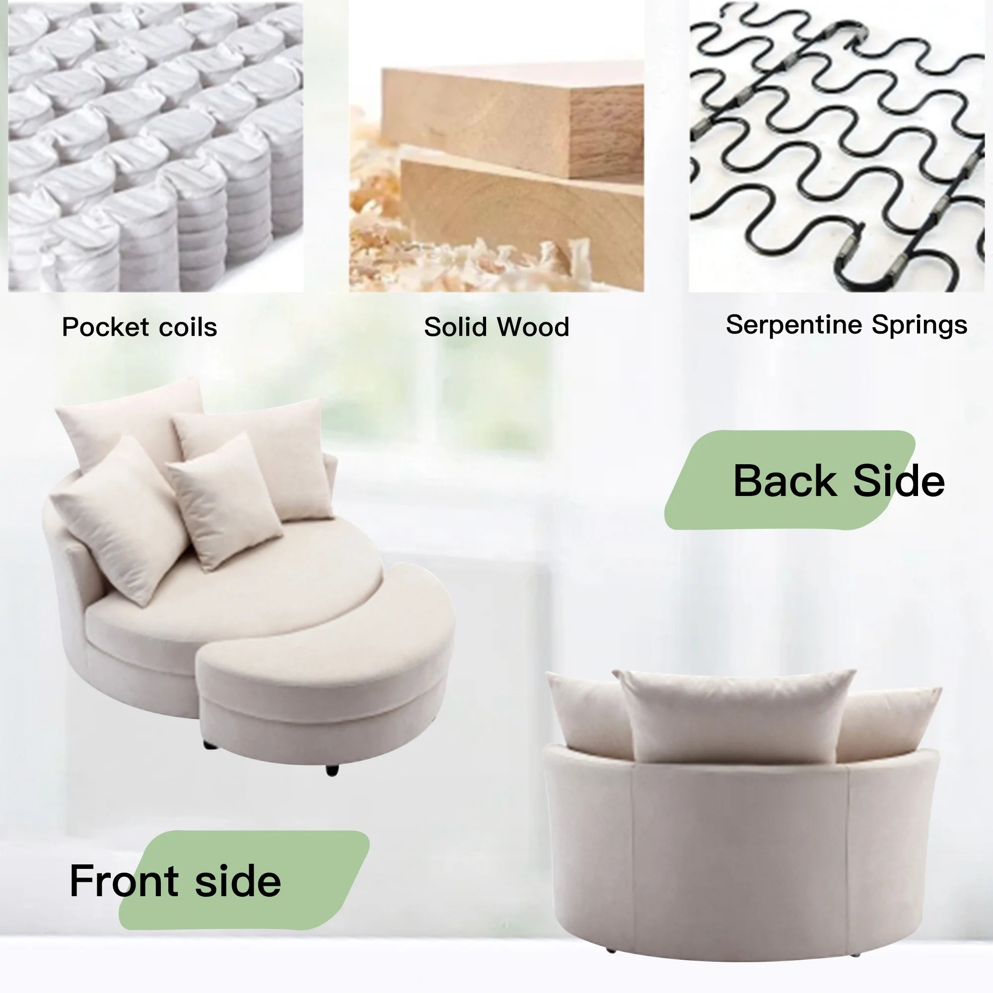 360° Swivel Accent Barrel Chair and Half Crescent Moon Storage Bench Large Ottoman with 4 Pillows,Upholstered Oversized Leisure Round Loveseat Recliner Sofa Chaise Lounge Circle Armchair
