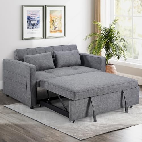 3-in-1 Convertible Sleeper Sofa Bed, Futon Couches with Pullout Bed, 2-Seater Loveseat Sofa with Storage Pockets, Adjustable Backrest and Toss Pillows for Living Room Apartment, Grey