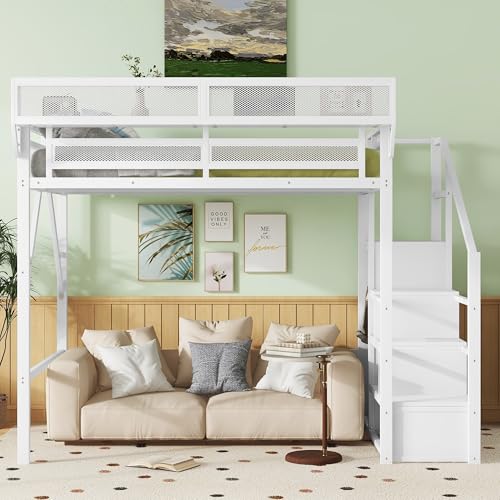 Full Size Loft Bed with Stairs and Storage, Metal Loft Bed Frame with Bedside Shelf and Large Under-Bed Space, Heavy-Duty Bed for Adults Teens and Kids, Black