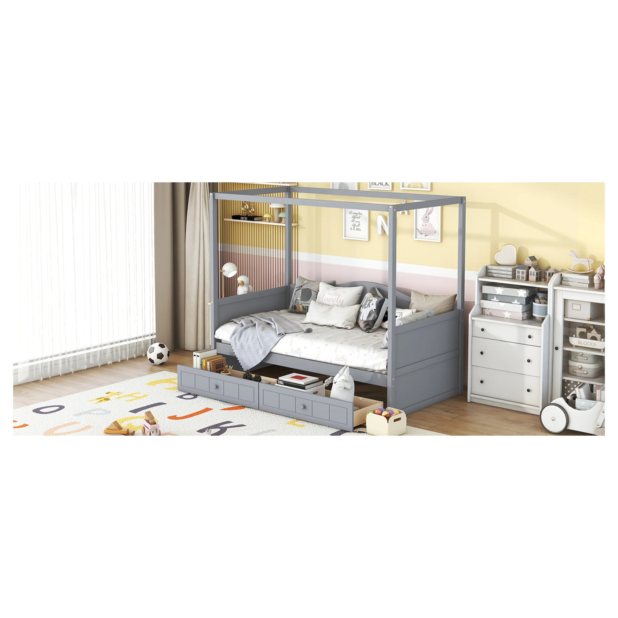 Twin Size Canopy Day Bed with 2 Drawers, Gray