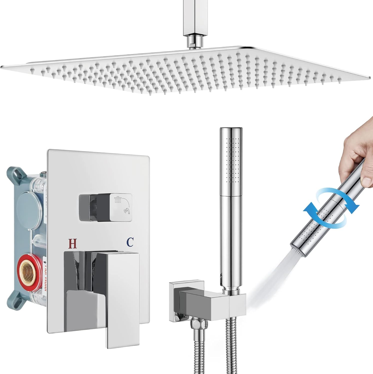 Chrome Polished Ceiling Mount Shower Faucet Set 12 Inch Square Showerhead Bathroom Rainfall Shower System SUS304 Stainless Steel Shower Trim Kit 2 in 1 Cylindrical Handheld shower with Rough-in Valve