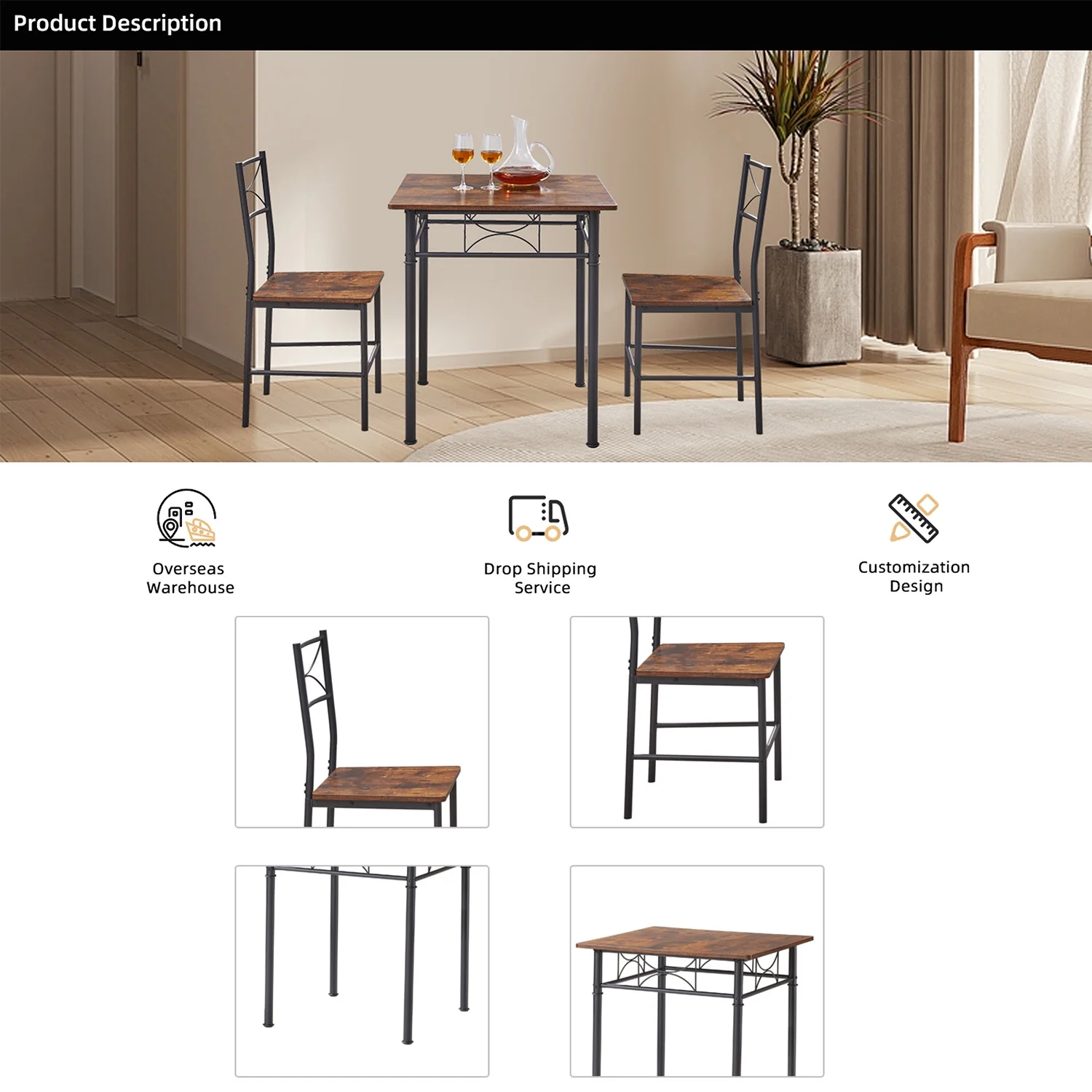 Dining Room Set for 2, Seizeen Kitchen Table Set with Chairs, Modern Metal Dining Set with Black Frame and Retro Brown Finish, Small Space Furniture for Apartment Home Kitchen Dining Room
