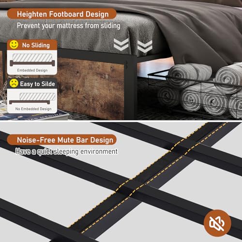 SADENICEL Queen Bed Frame with Storage Headboard and 4 Drawers, Metal Platform Bed Frame with LED Light, Charging Station, No Box Spring Needed, Noise Free, Easy Assembly, Vintage Brown