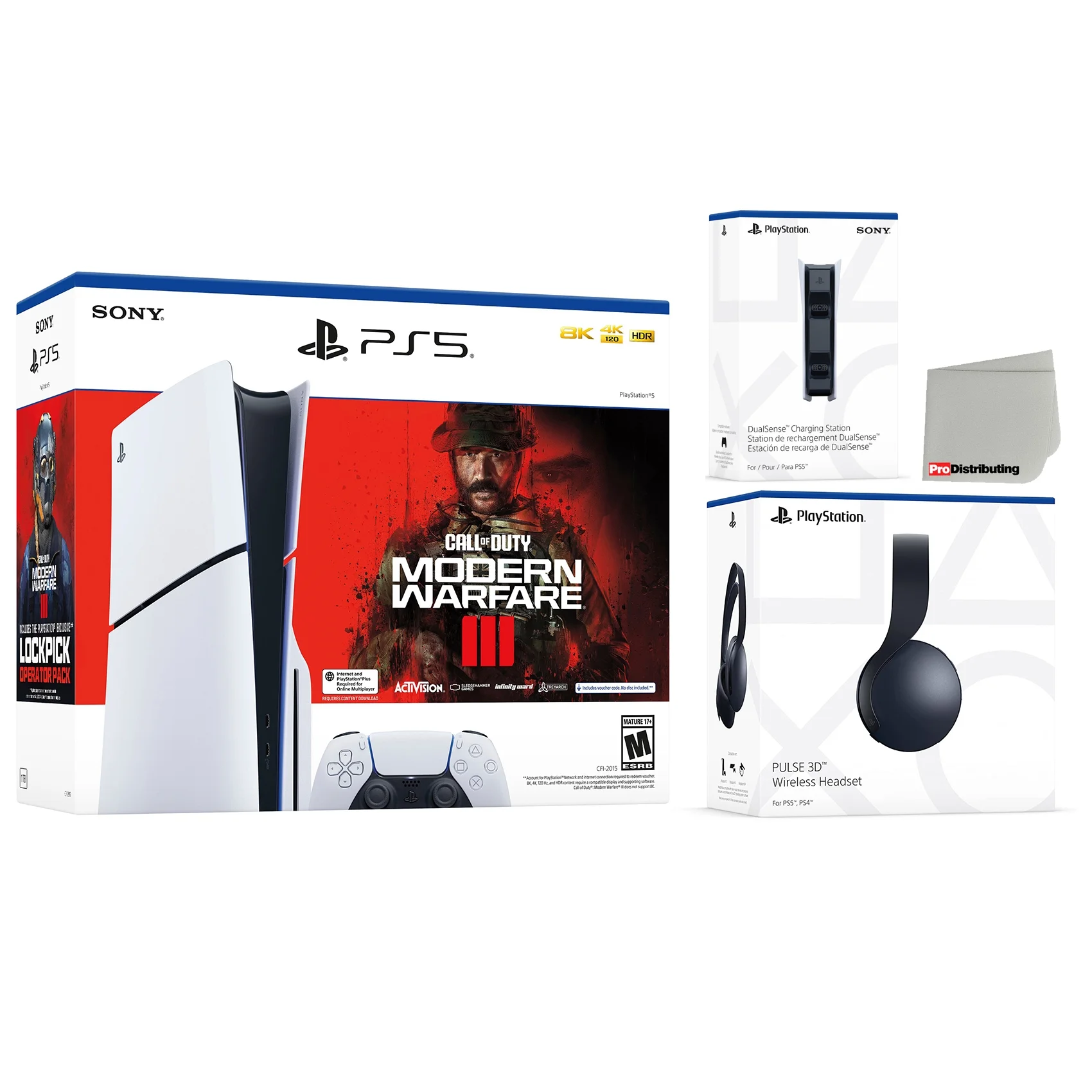 Sony PlayStation 5 Slim Disc Call of Duty Modern Warfare 3 Bundle with Black Pulse 3D Wireless Gaming Headset, Charging Station and Microfiber Screen Cleaner