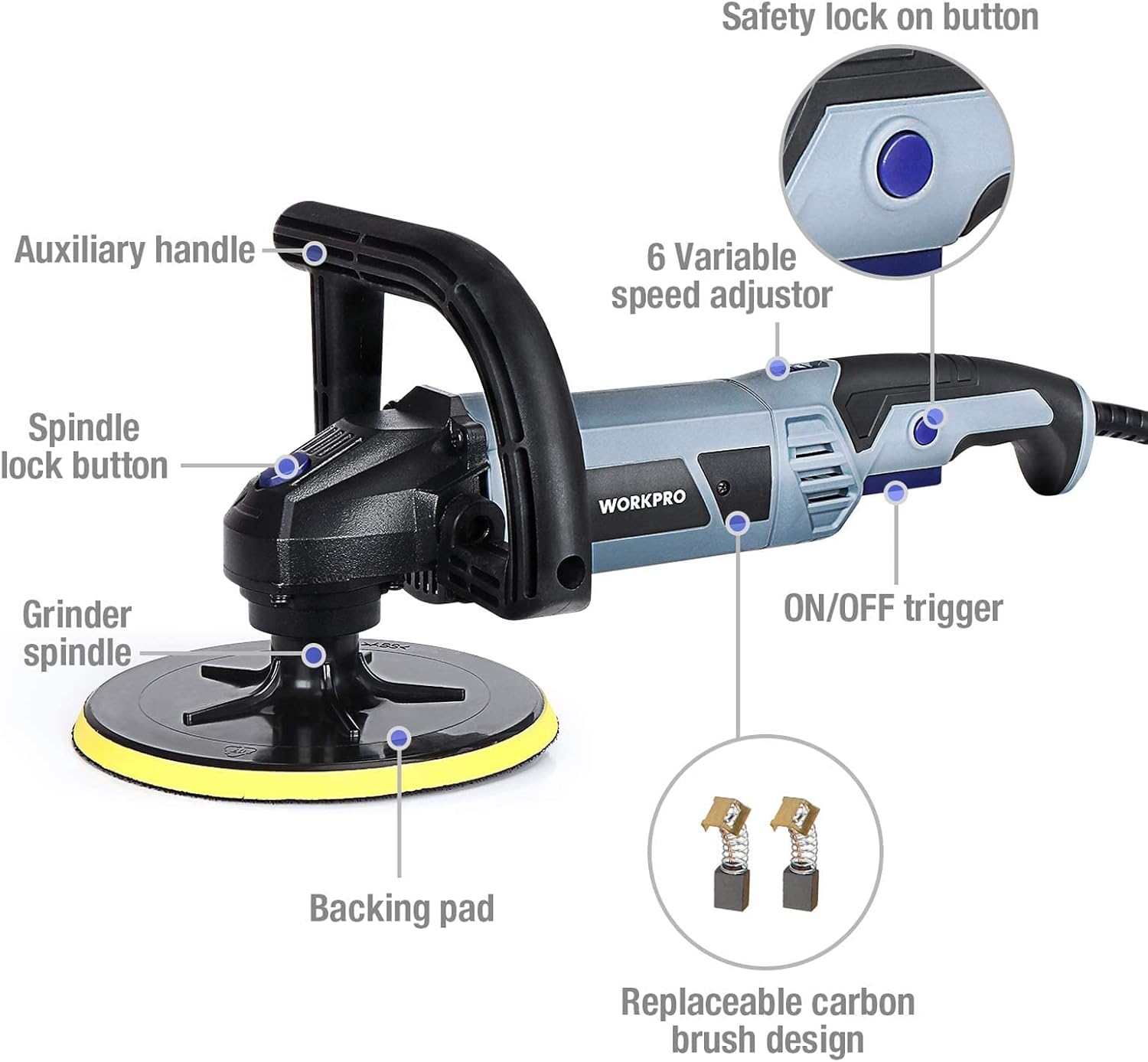 WORKPRO Buffer Polisher - 7-inch Buffer Waxer with 4 Buffing and Polishing Pads, 6 Variable Speed 1000-3800 RPM, Detachable Handle, Ideal for Car Sanding, Polishing, Waxing, Sealing Glaze Pack of 2