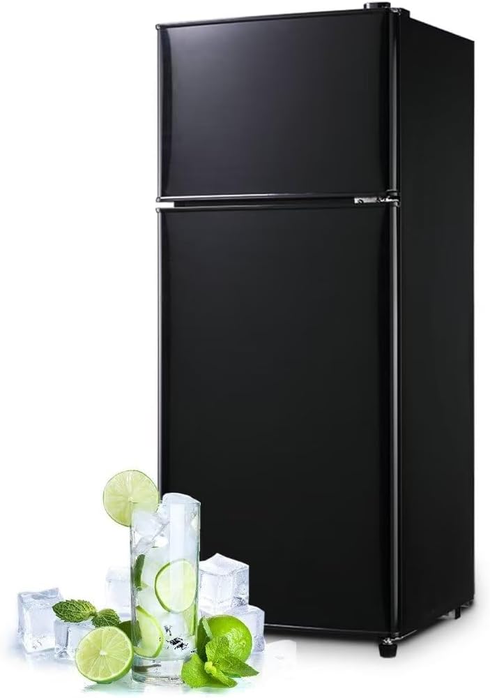 Apartment Size Fridge, Low Noise Mini Fridge with Freezer, 3.5 Cu.Ft Compact Refrigerator with LED Lights and Removable Glass Shelves