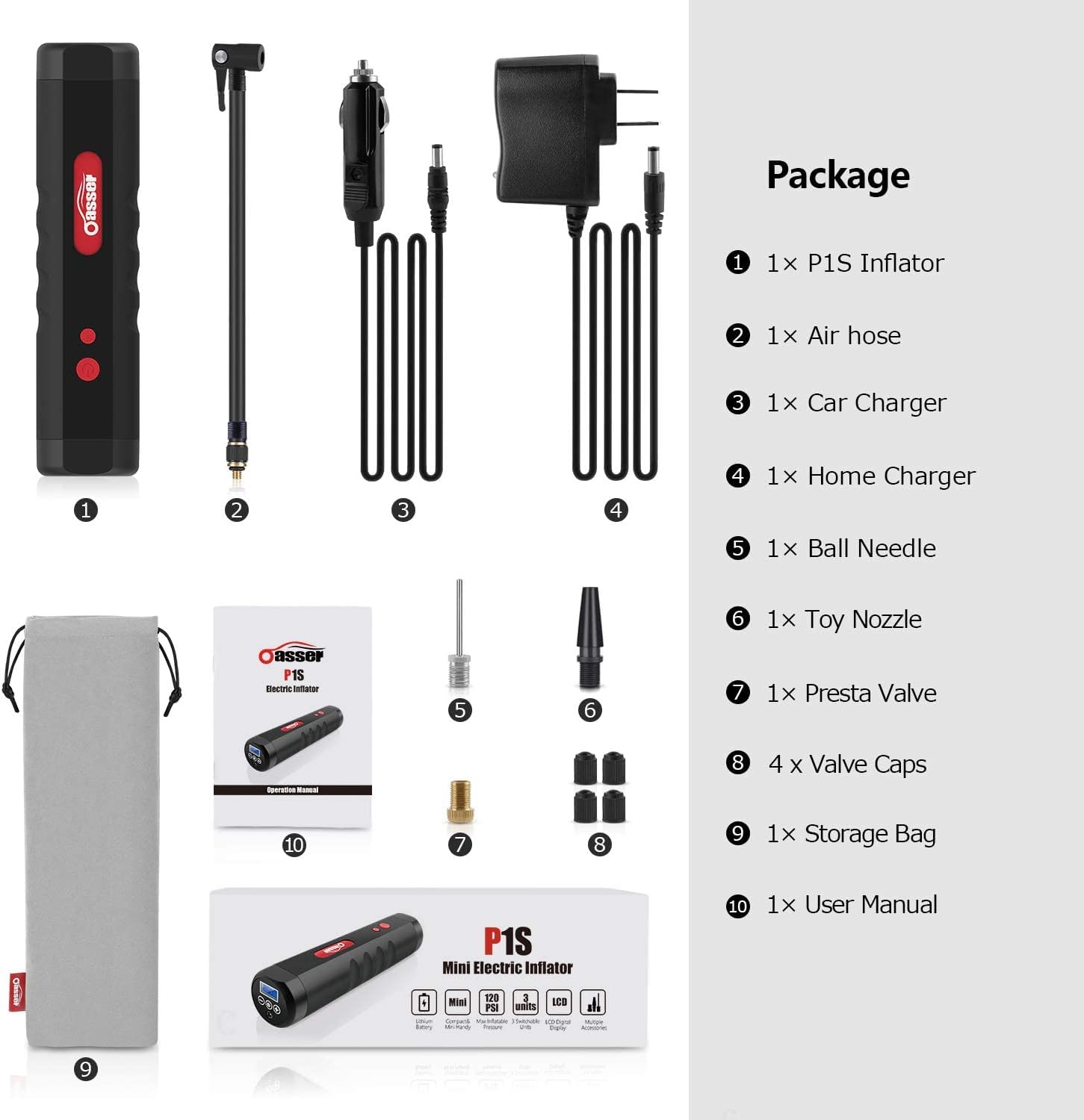 Oasser Air Compressor Portable Mini Air Inflator Hand Held Tire Pump 2000 Battery Digital LCD for Car Bicycle Tires Inflatables 12V 110V AC DC P1S