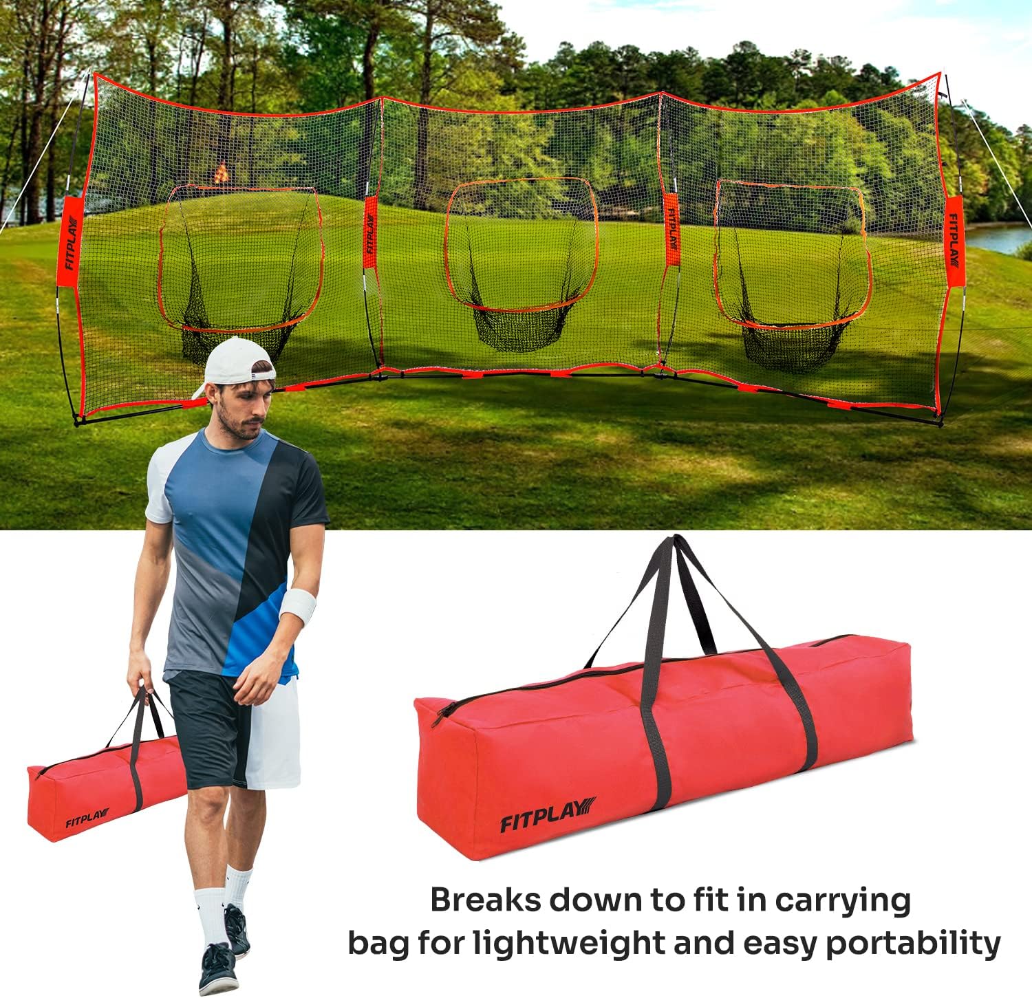 3 in 1 Baseball Softball Practice Net FITPLAY Triple Baseball Training Net 3 Way 7' x 7' Baseball Net for Hitting and Pitching, Batting and Catching, Baseball Backstop Softball Practice Nets
