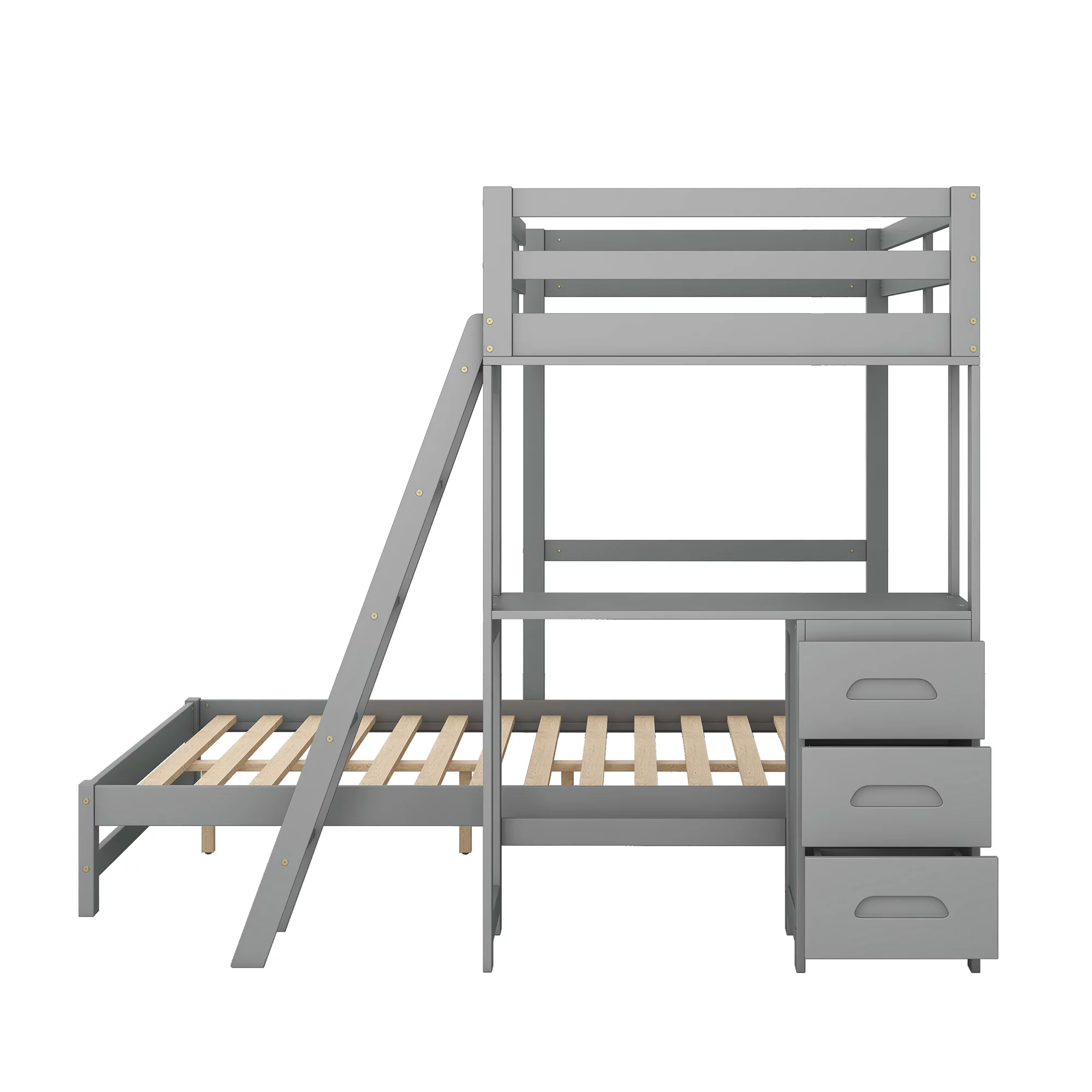 EUROCO Twin over Full Bunk Bed with Desk and Drawers for Kids Room, Gray