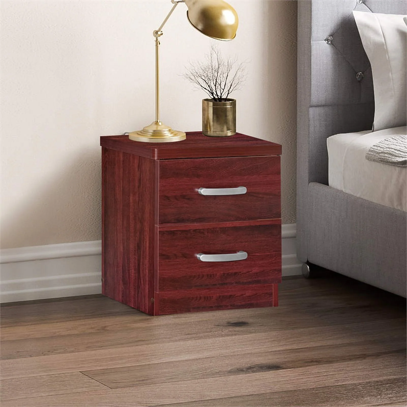 Home Square 2-Piece Set with Dresser with Lock 2-Drawer Nightstand in Mahogany