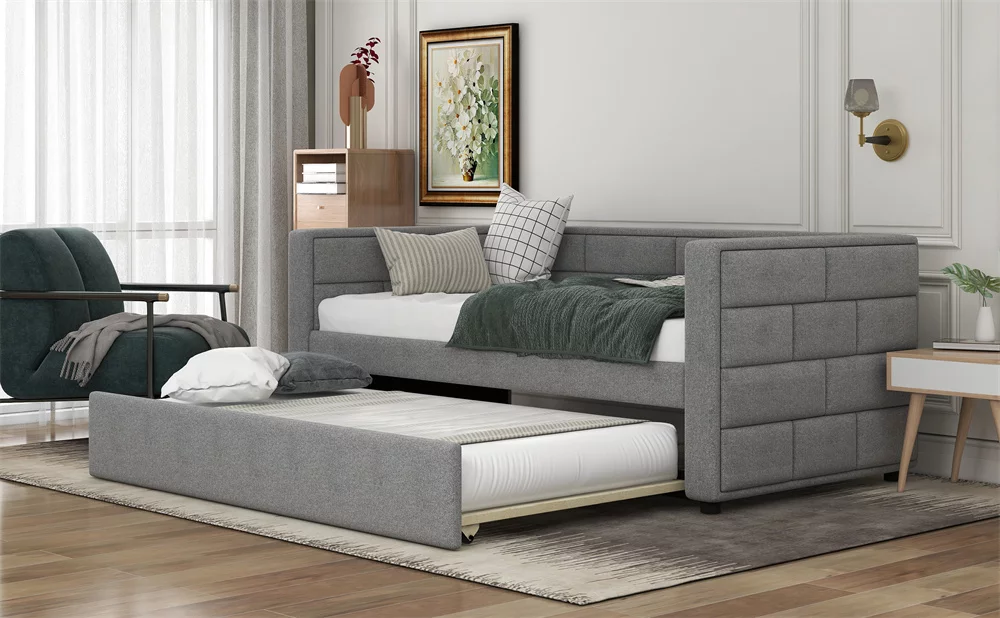 Twin Daybed with Trundle, Upholstered with Storage Drawers, Wood, No Box Spring Needed, Gray