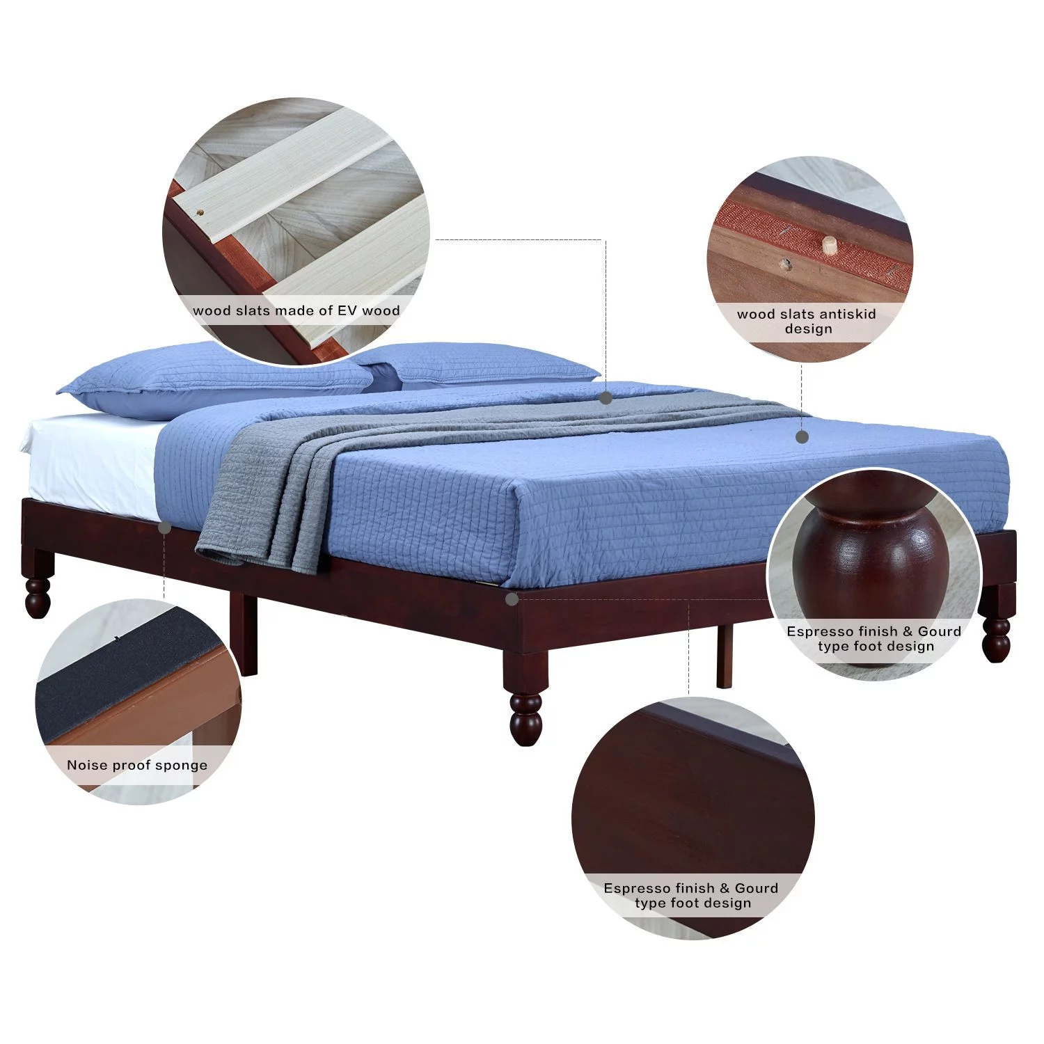 BIKAHOM Houston Full Size Bed Frame, 12 Inch Solid Wood Platform Bed with Under Bed Storage Space, No Box Spring Needed, Strong Wooden Slat Support, Easy Assembly Bedroom Furniture, Espresso Finish