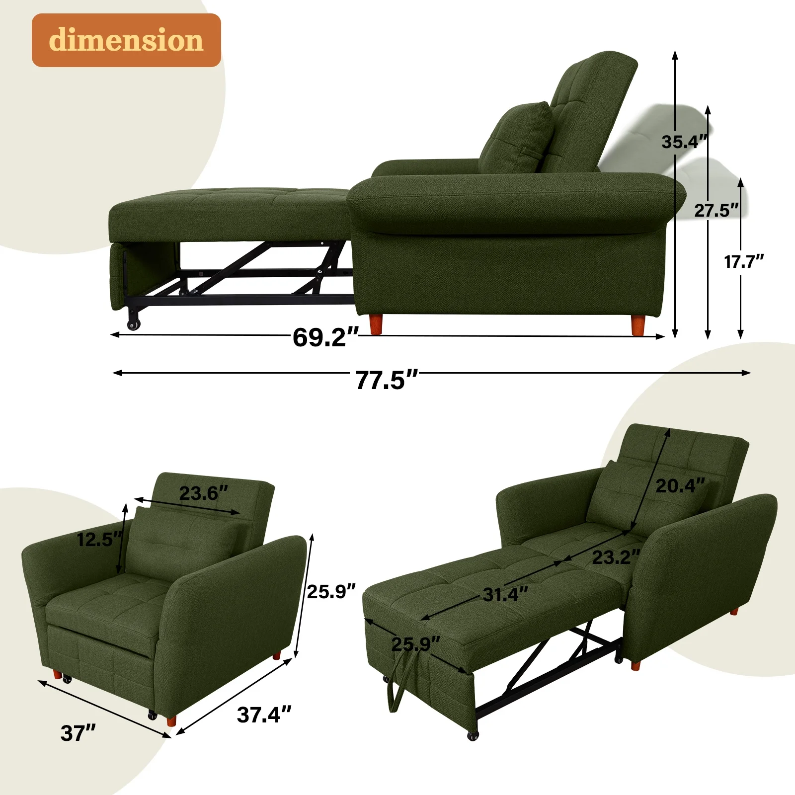 NOBLEMOOD 3-in-1 Sleeper Sofa w/ Adjustable Armrests,Pull Out Convertible Sofa Bed w/ 3 Level Adjustable Backrest & Thickened Pillow for Living Room or Apartment, Green