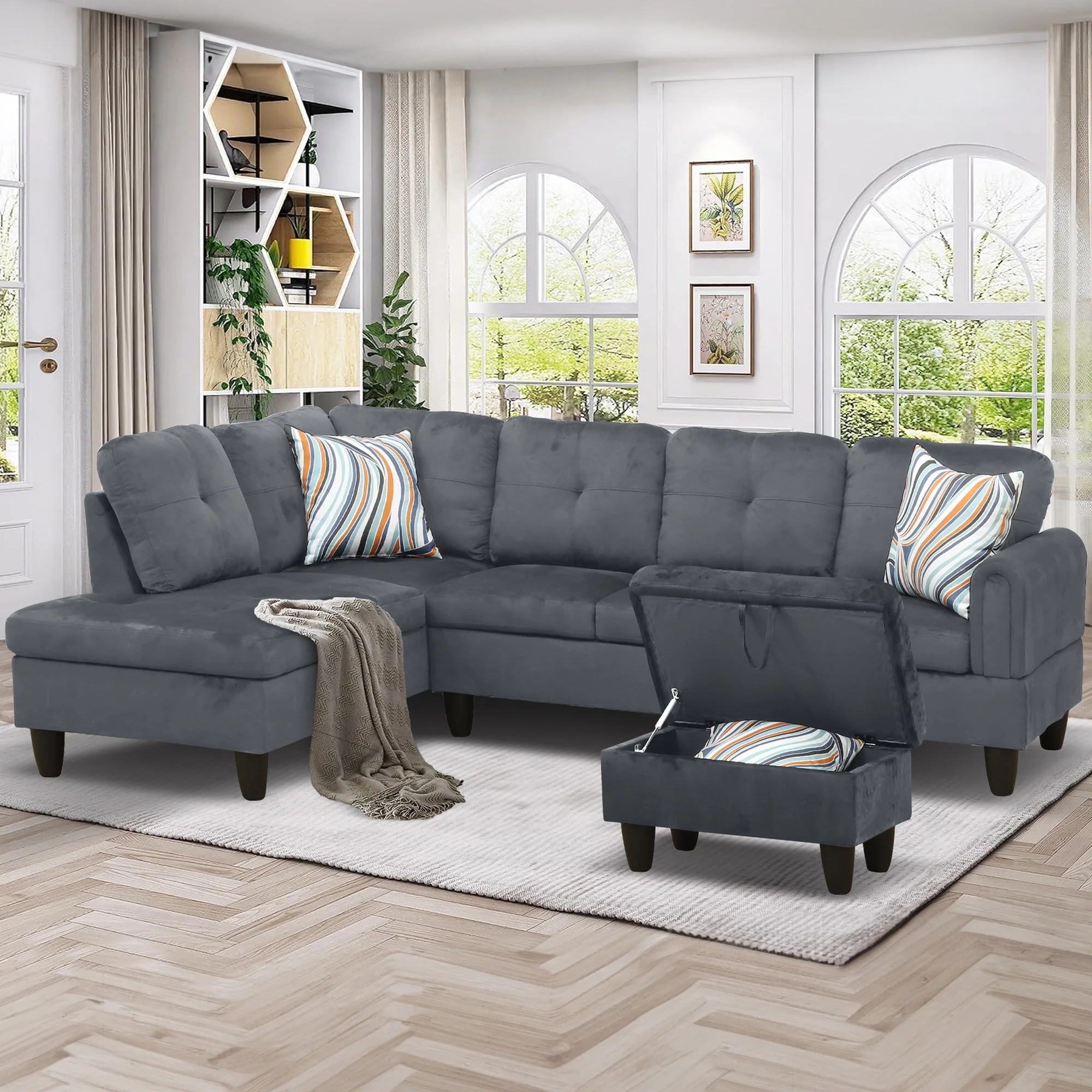Aukfa Sectional Sofa, 97" Living Room Couch w/ Storage Ottoman, Left Facing Chaise, Flannel, Gray