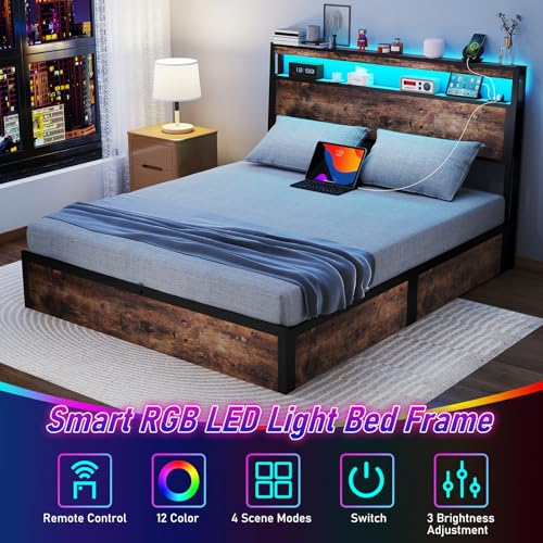 SADENICEL Queen Bed Frame with Storage Headboard and 4 Drawers, Metal Platform Bed Frame with LED Light, Charging Station, No Box Spring Needed, Noise Free, Easy Assembly, Vintage Brown