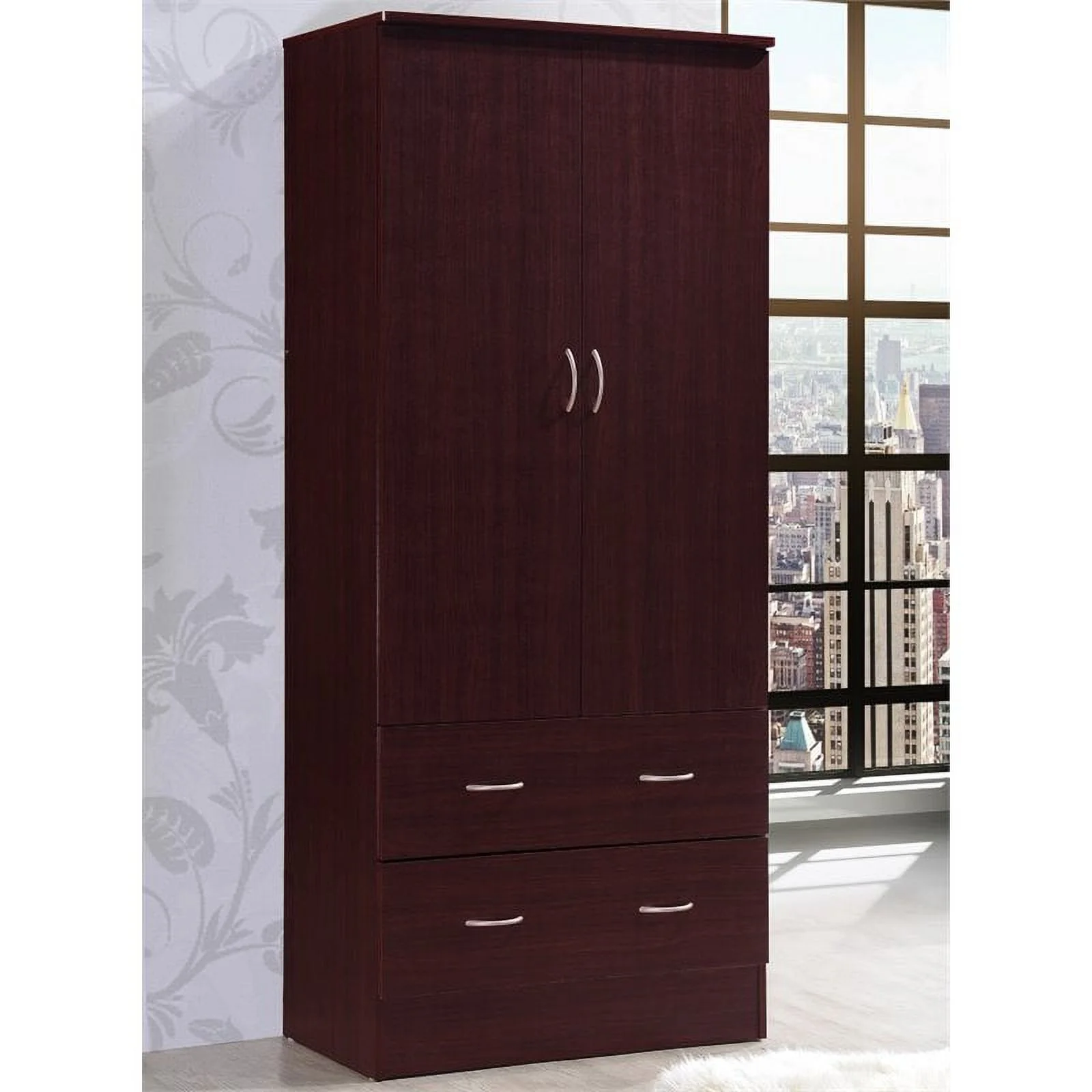 Home Square 2 Piece Bedroom Set with Captain Bed ad 2 Door Armoire in Mahogany