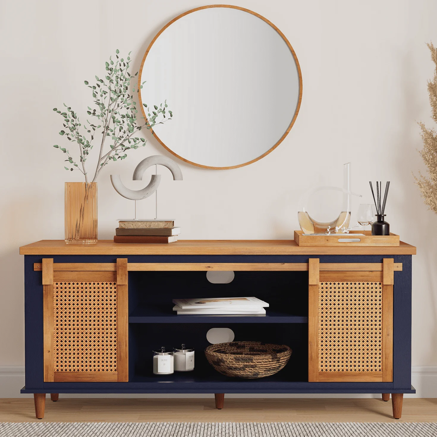 Eltis Shorista Solid Wood TV Stand 2 Sliding Rattan Doors, for TVs up to 70", Navy Blue