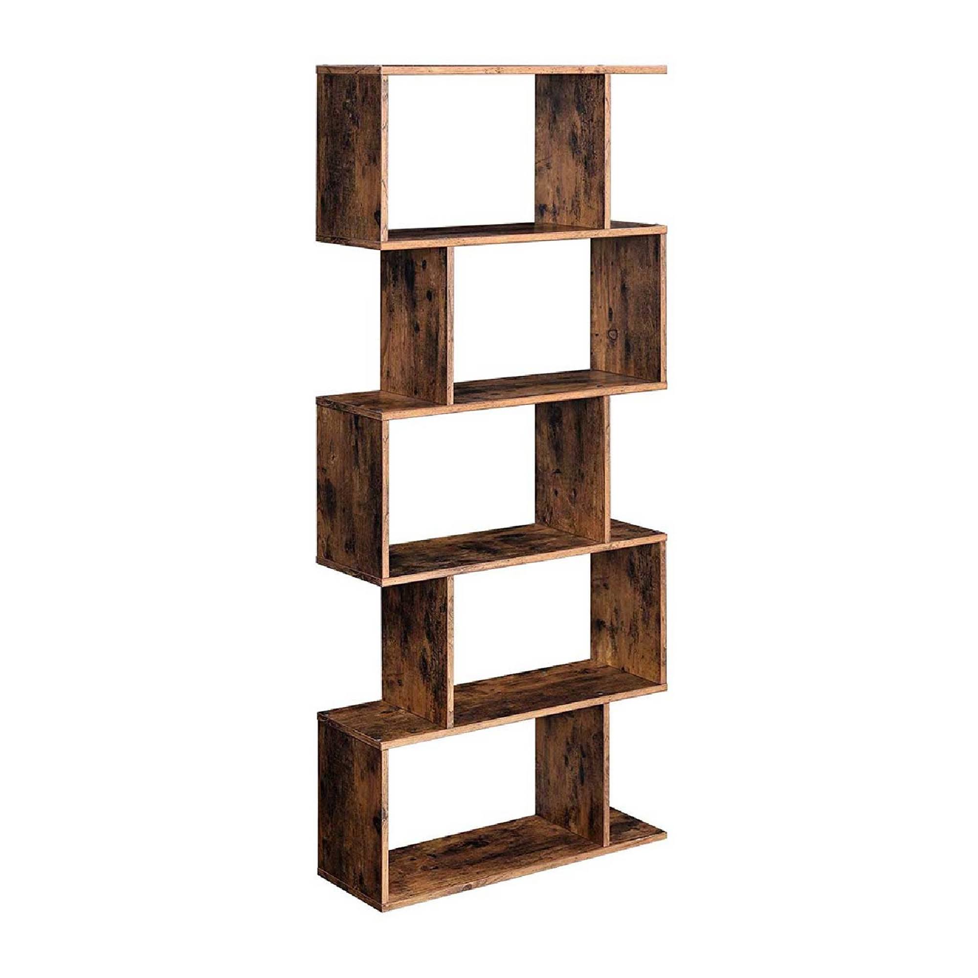 5 Tier Freestanding Wooden Bookcase with Zig Zag Design, Rustic Brown