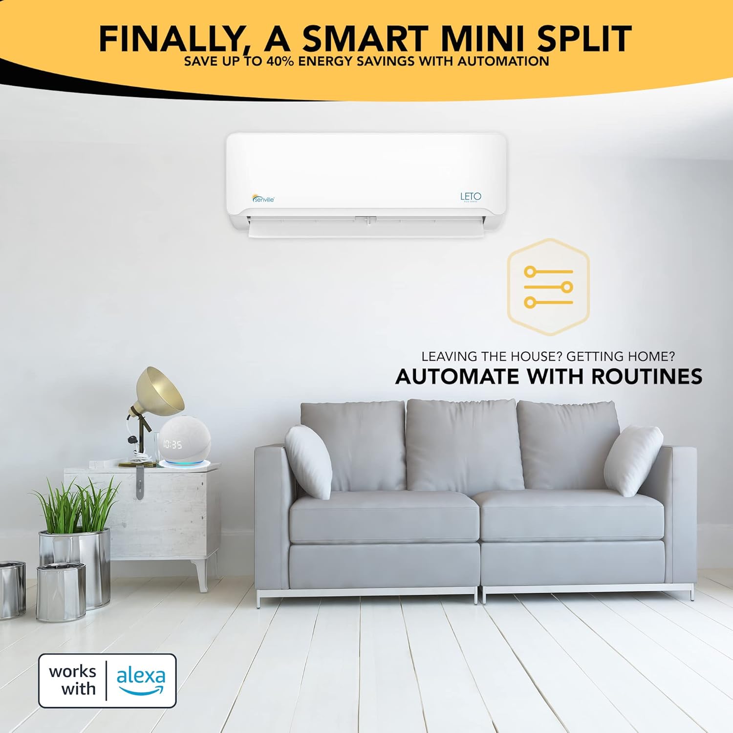 Senville LETO Series Mini Split Air Conditioner Heat Pump, 12000 BTU 208/230V, Works with Alexa, White