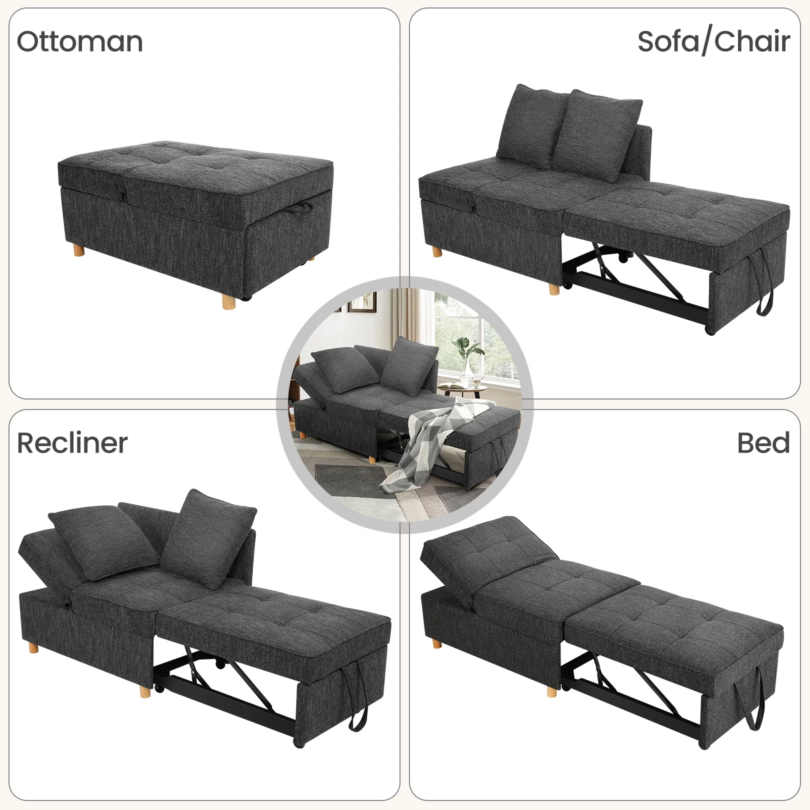 Linen Sofa Beds Chair, 4 in 1 Convertible Chair Sleeper Bed with 5 Adjustable Backrest and 2 Pillows, Black