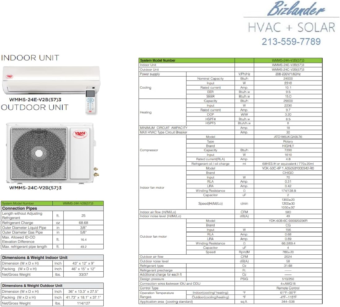 24000 Btu Ductless Mini Split DC Inverter Air Conditioner Heat Pump System - 220 Volt with 15 Feet Installation Kit