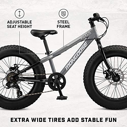 Mongoose Argus Trail or ST Fat Tire Mountain Bike, 20, 24 or 26 Inch Bike for Kids and Adults, 7 or 16 Speed, Aluminum or Steel Frame, Knobby Mountain Fat Tires, Mechanical Disc Brakes