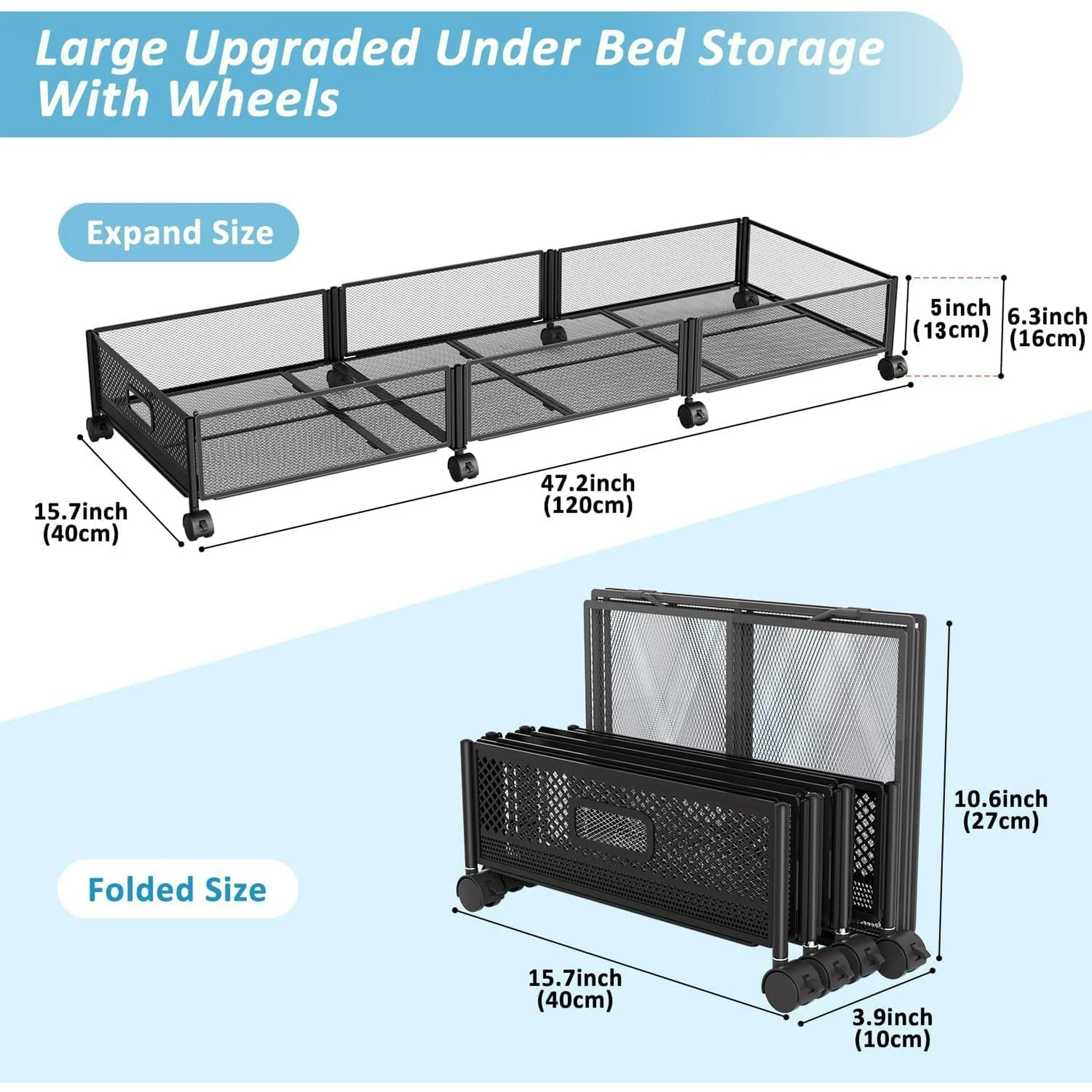 47.2'' Long Under Bed Storage on Wheels, 57.6L Large Capacity Rolling Under the Bed Storage Containers, Tool-Free Assembly Foldable Underbed Shoes Clothes Toy Drawers