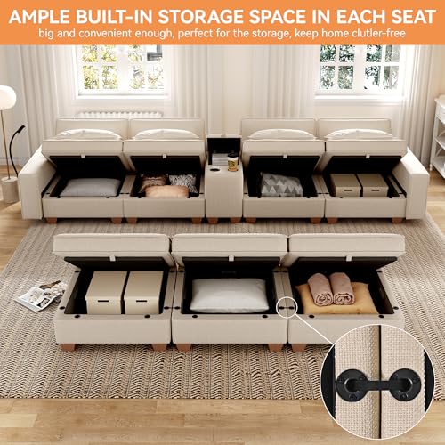 Modular Sectional Sofa, Convertible U Shaped Sofa Couch with Central Console & USB Ports, 7 Seat Modular Sectionals Couch with Chaise and Storage for Living Room, Light Grey