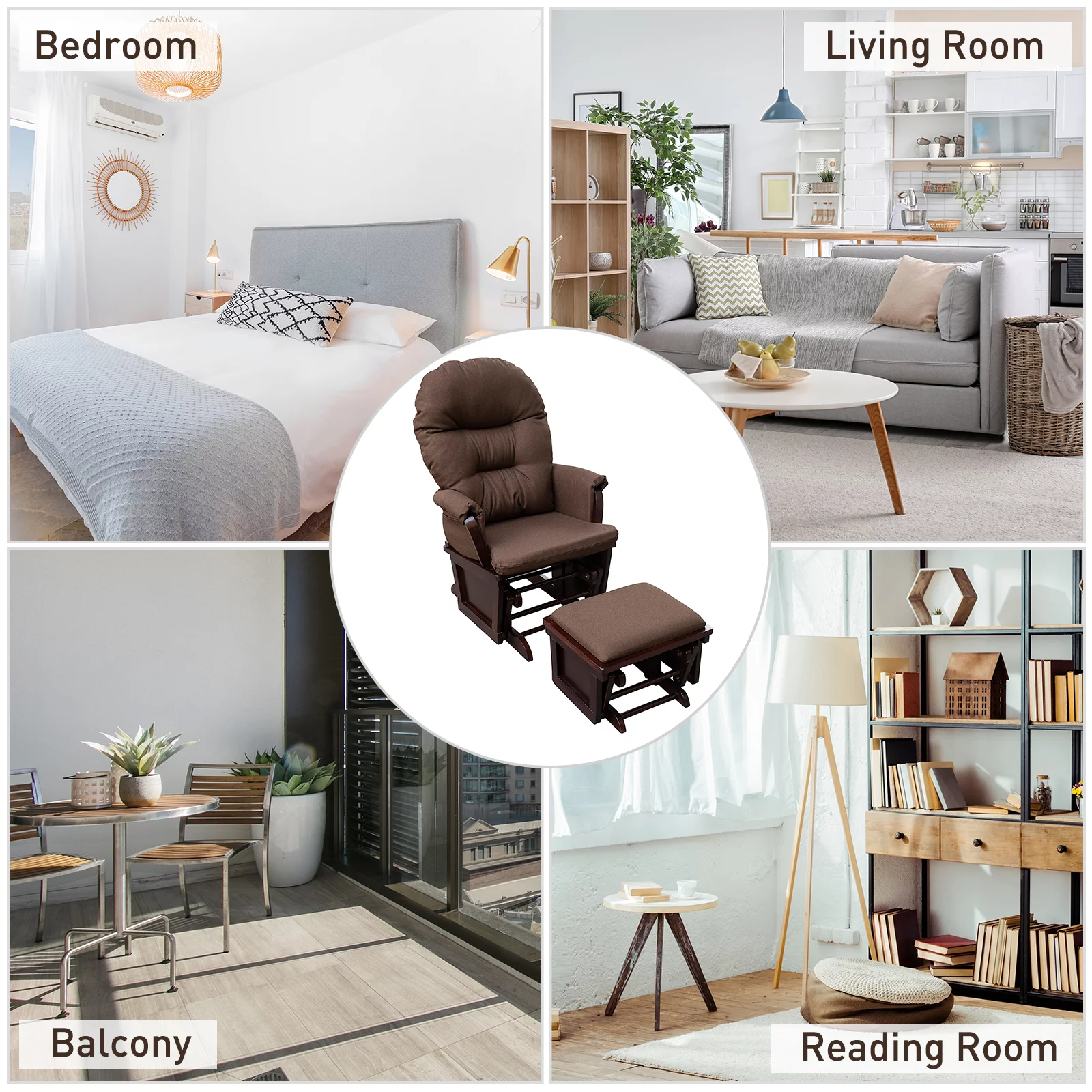 HOMCOM Nursery Glider Rocking Chair with Ottoman, Thick Padded Cushion Seating, Armrests and Wood Base, Dark Coffee