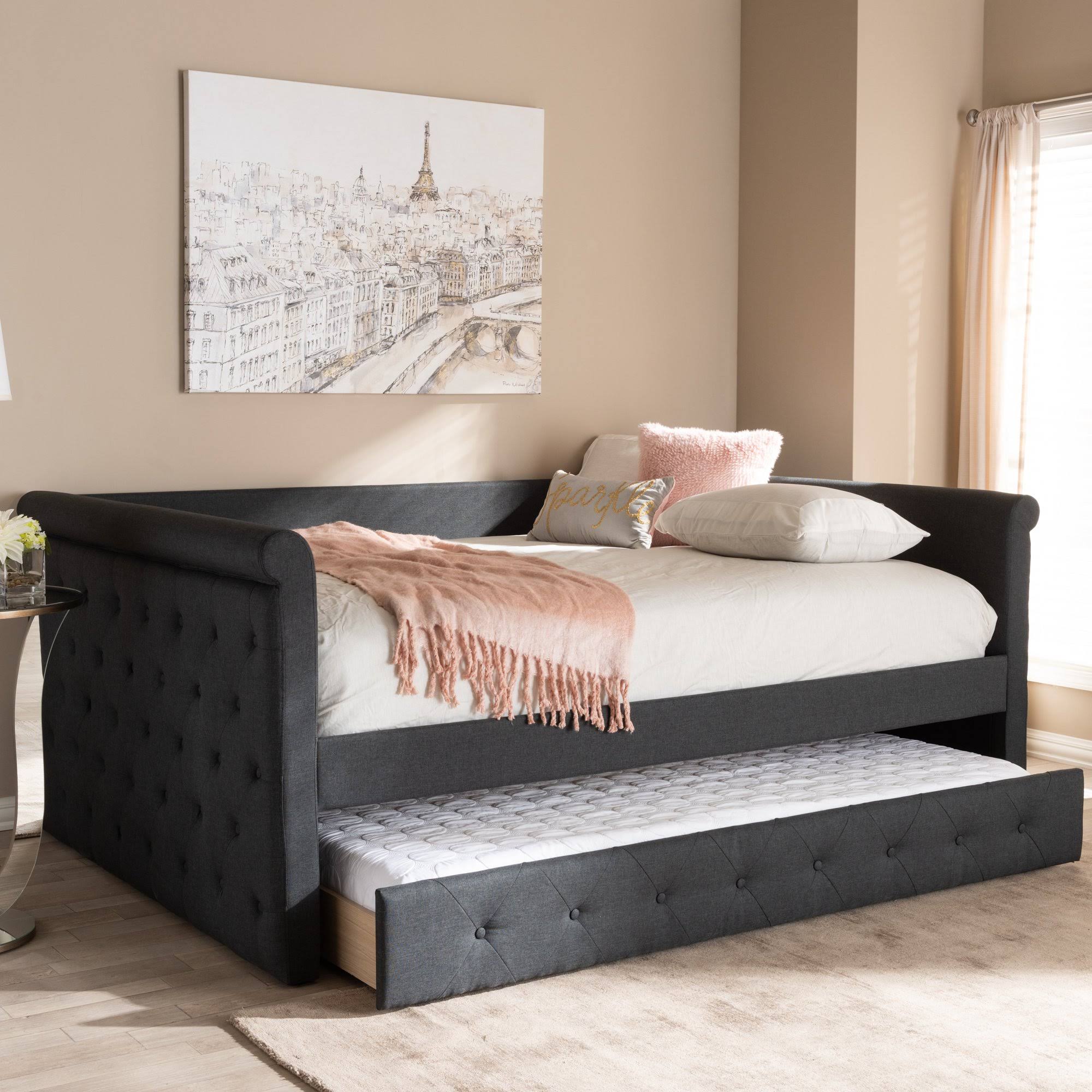 Baxton Studio Alena Daybed with Trundle, Dark Grey, Queen