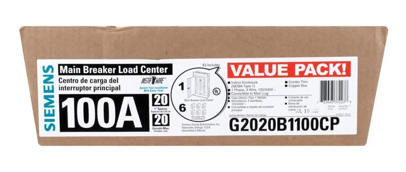 Siemens S2020B1100P 20 Space 20 Circuit 100 Amp Main Breaker Indoor Load Center Value Pack