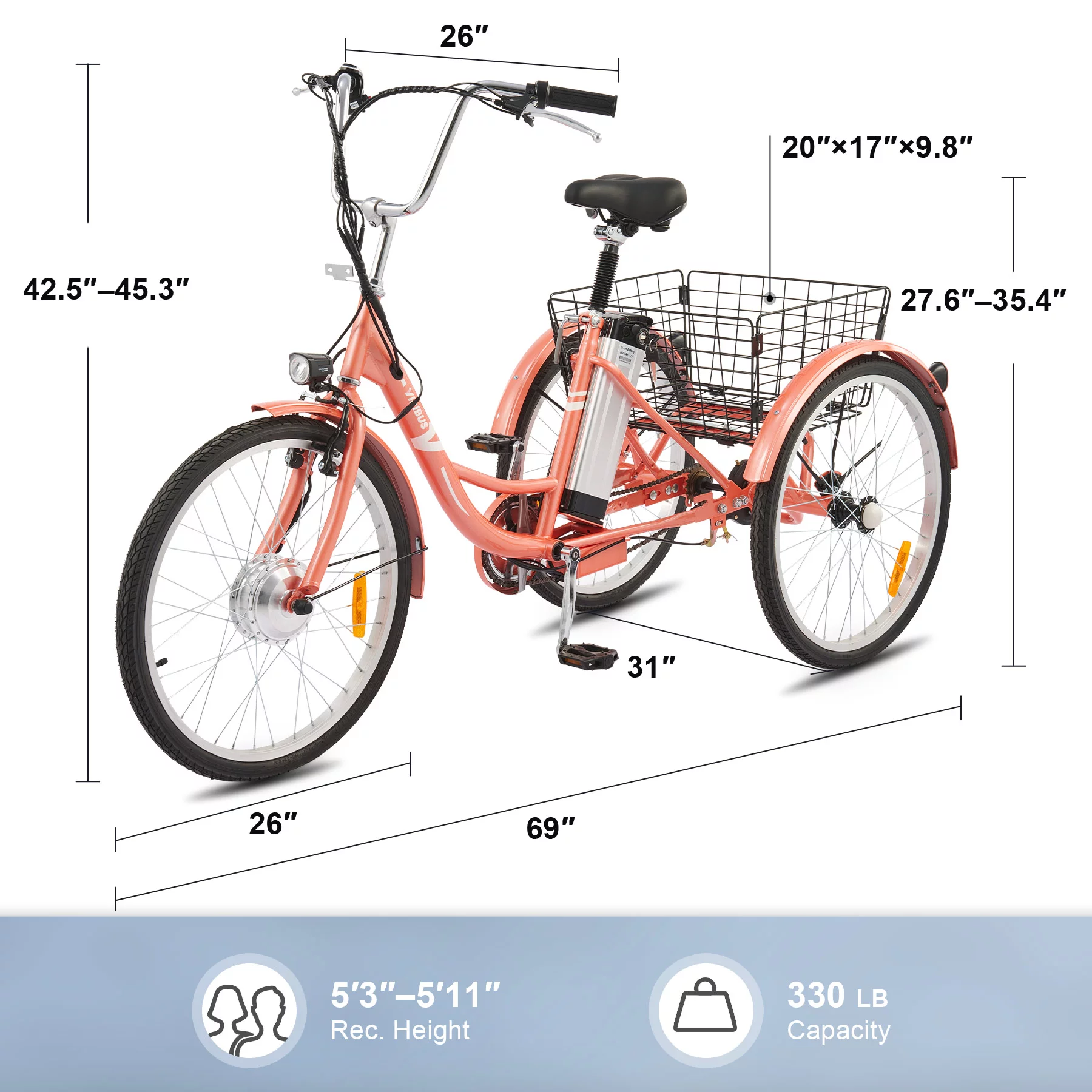 26 Electric Tricycle for Adults 3 Wheel Electric Bike 250W Electric Trike Black