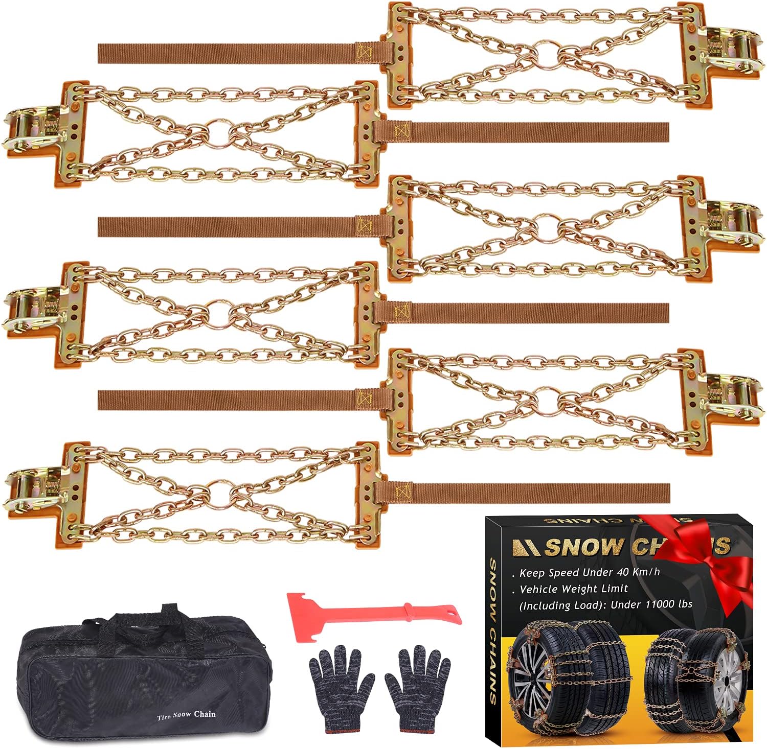 Tire Chains, Snow Chains 12 pcs for Trucks Suvs, Cars, Sedan, Family Automobiles with Update Adjustable Lock for Ice, Snow,Mud,Sand,Applicable Tire Width 225-285 mm /8.8-11.3in
