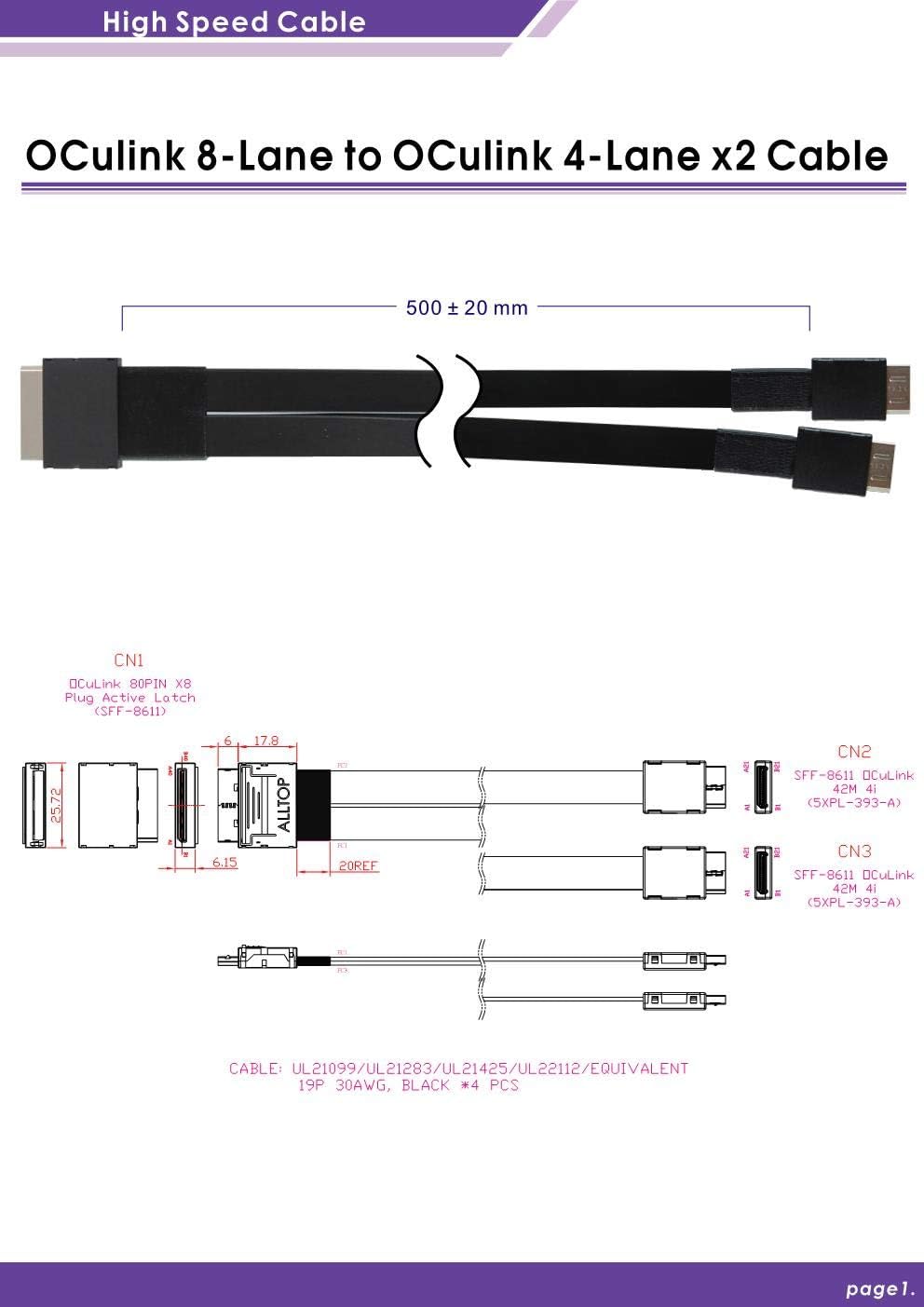 Oulink (SFF-8611) 8i to Oculink (SFF-8611) 4i 2-Port Y Cable