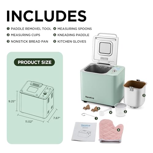 Neretva Bread Maker Machine, 20-in-1 2LB Automatic Breadmaker with Gluten Free Pizza Sourdough Setting, Digital, Programmable, 1 Hour Keep Warm, 2 Loaf Sizes, 3 Crust Colors - Receipe Booked Included