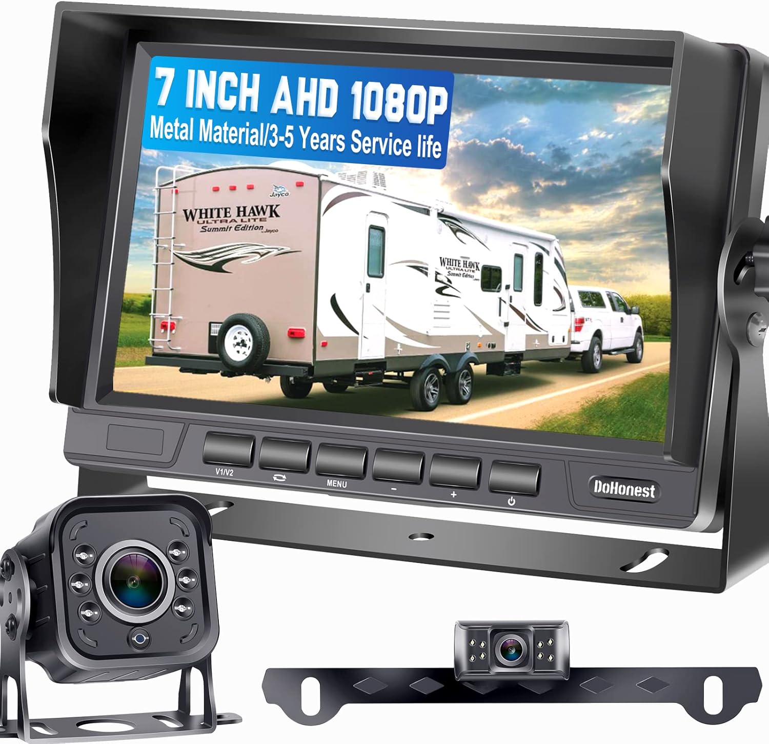 Backup Camera AHD 1080P with 7 Inch LCD Monitor for RV Trailer Truck 5th Wheel Boat 2 Rear View Cameras Plug and Play System, Super Night Vision IP69 Waterproof Metal Material 12V-36V - DoHonest V27
