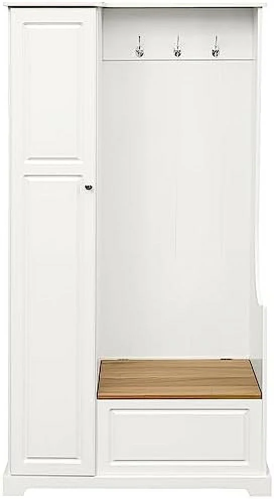 RUNFAYBIU Wooden Hall Tree with Flip-Up Bench  Coat Rack with Adjustable Shelves  Mudroom Coat  with Hanging Hooks for Entryways  White